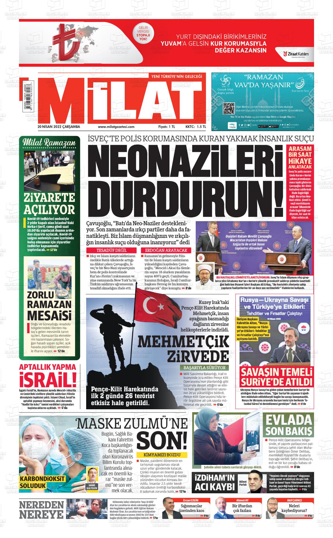 20 Nisan 2022 Milat Gazete Manşeti