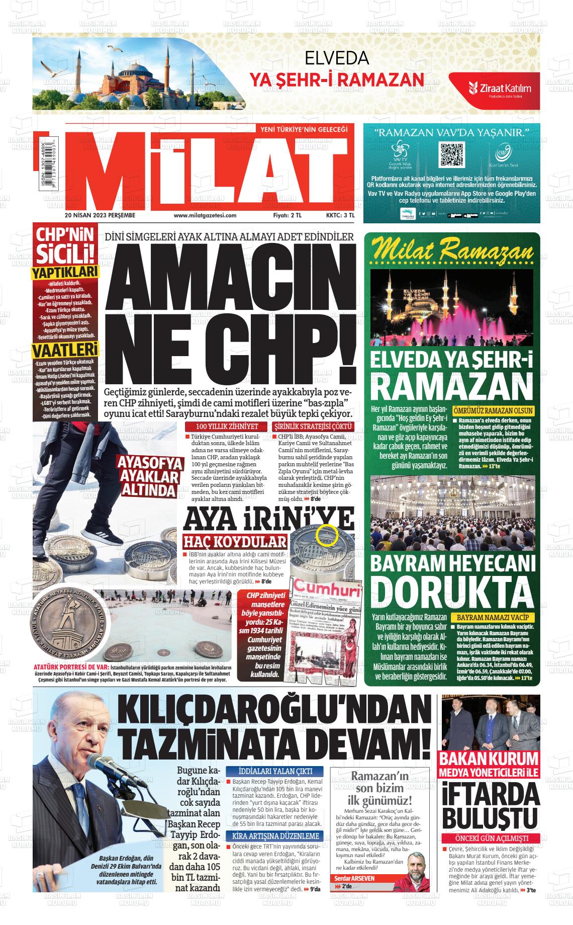 20 Nisan 2023 Milat Gazete Manşeti