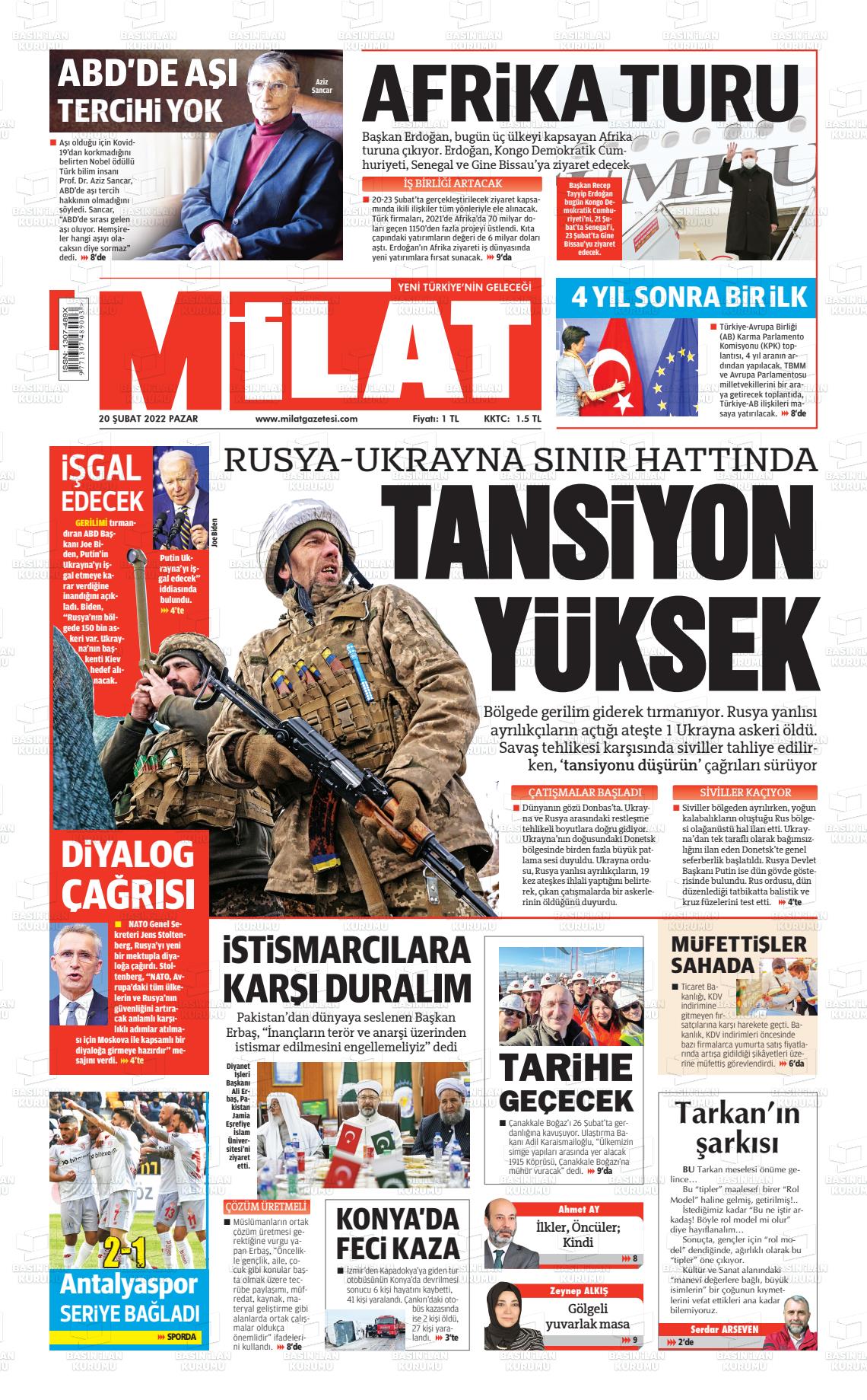 20 Şubat 2022 Milat Gazete Manşeti