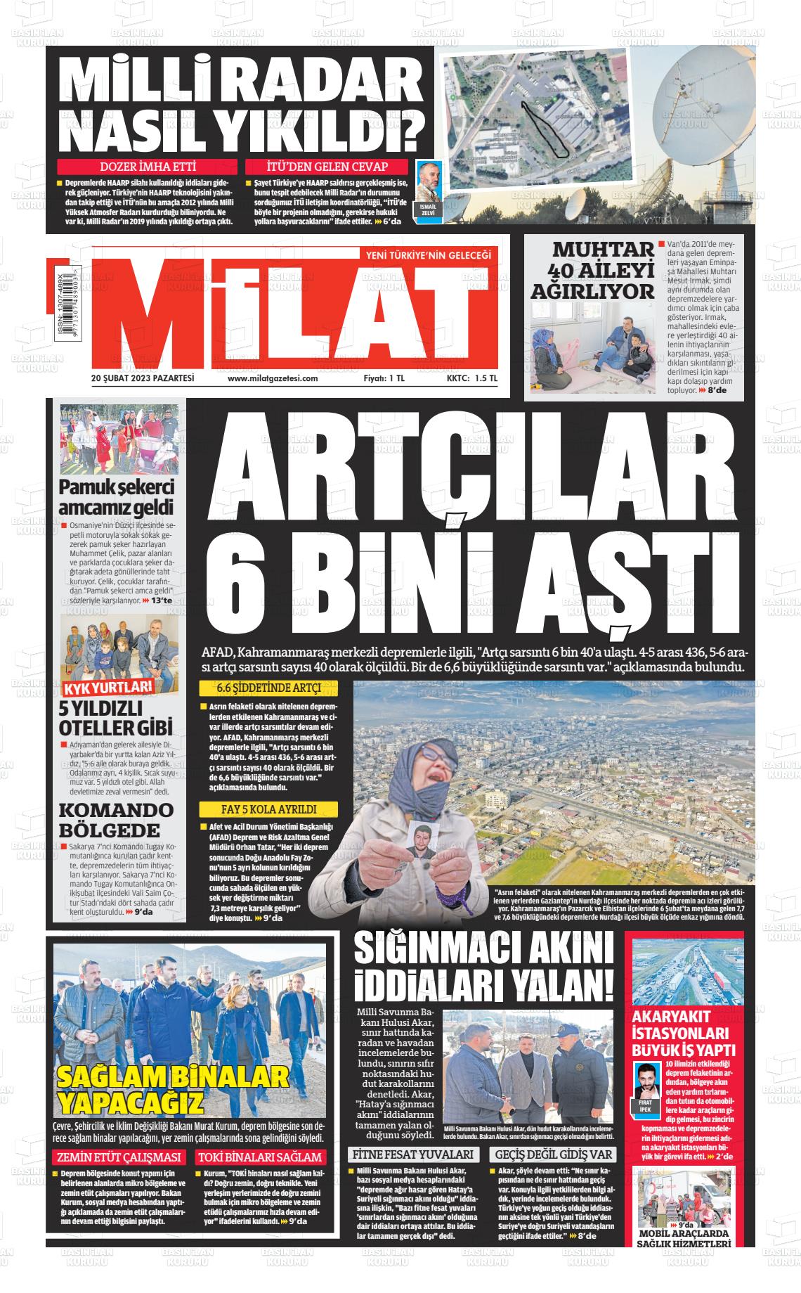 20 Şubat 2023 Milat Gazete Manşeti