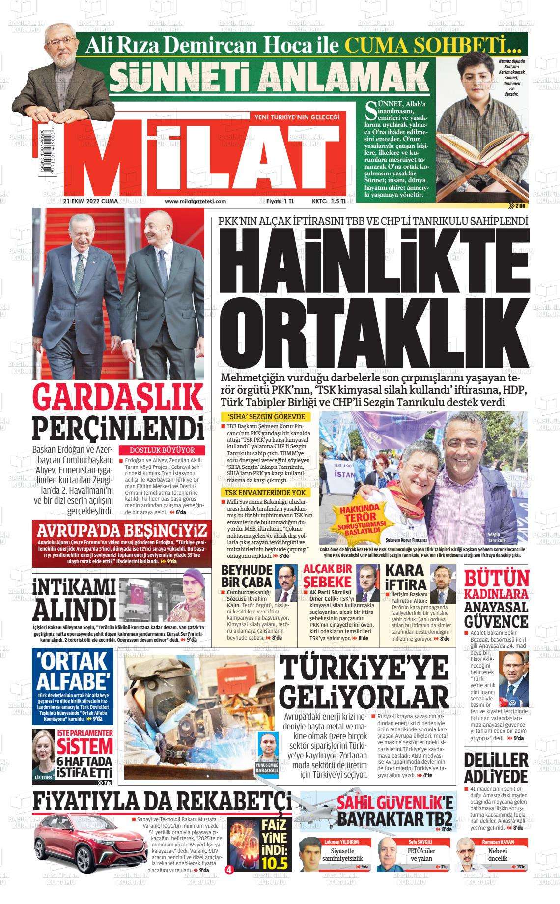 21 Ekim 2022 Milat Gazete Manşeti