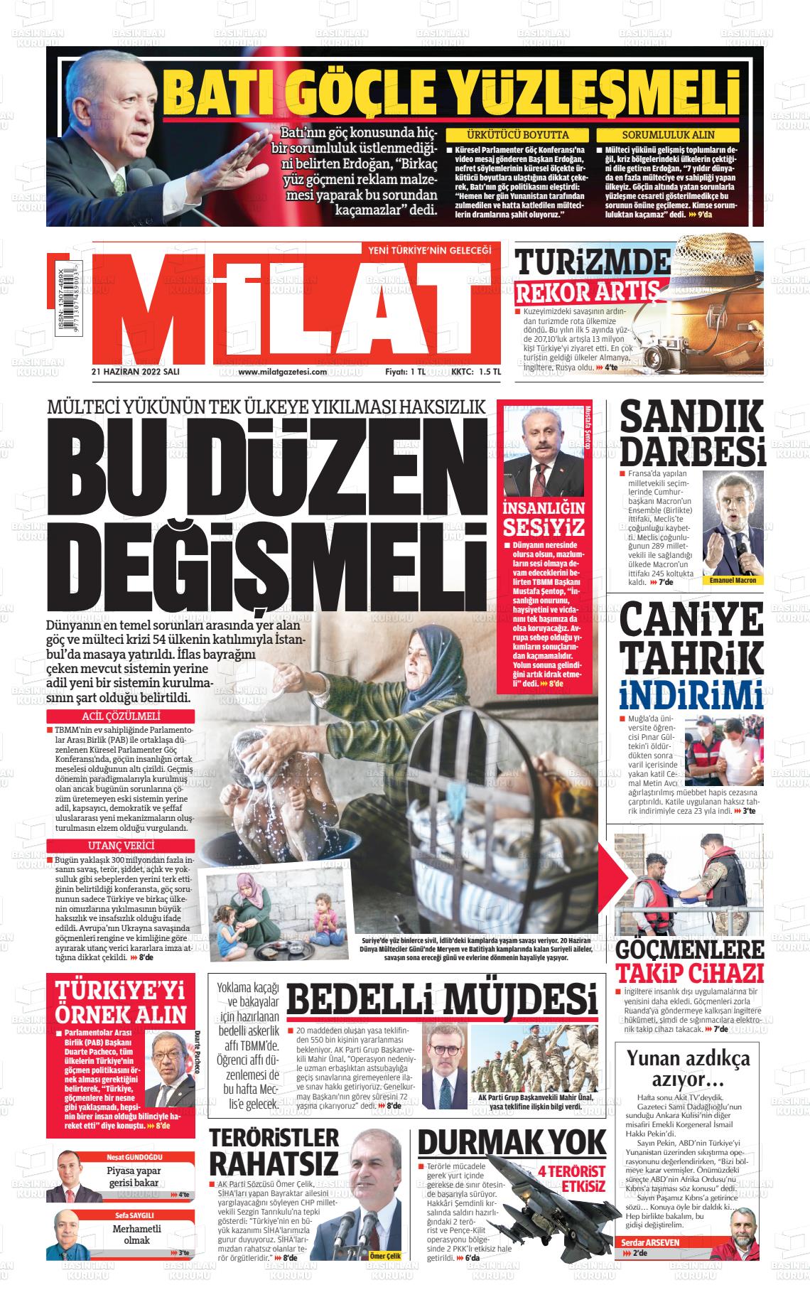 21 Haziran 2022 Milat Gazete Manşeti