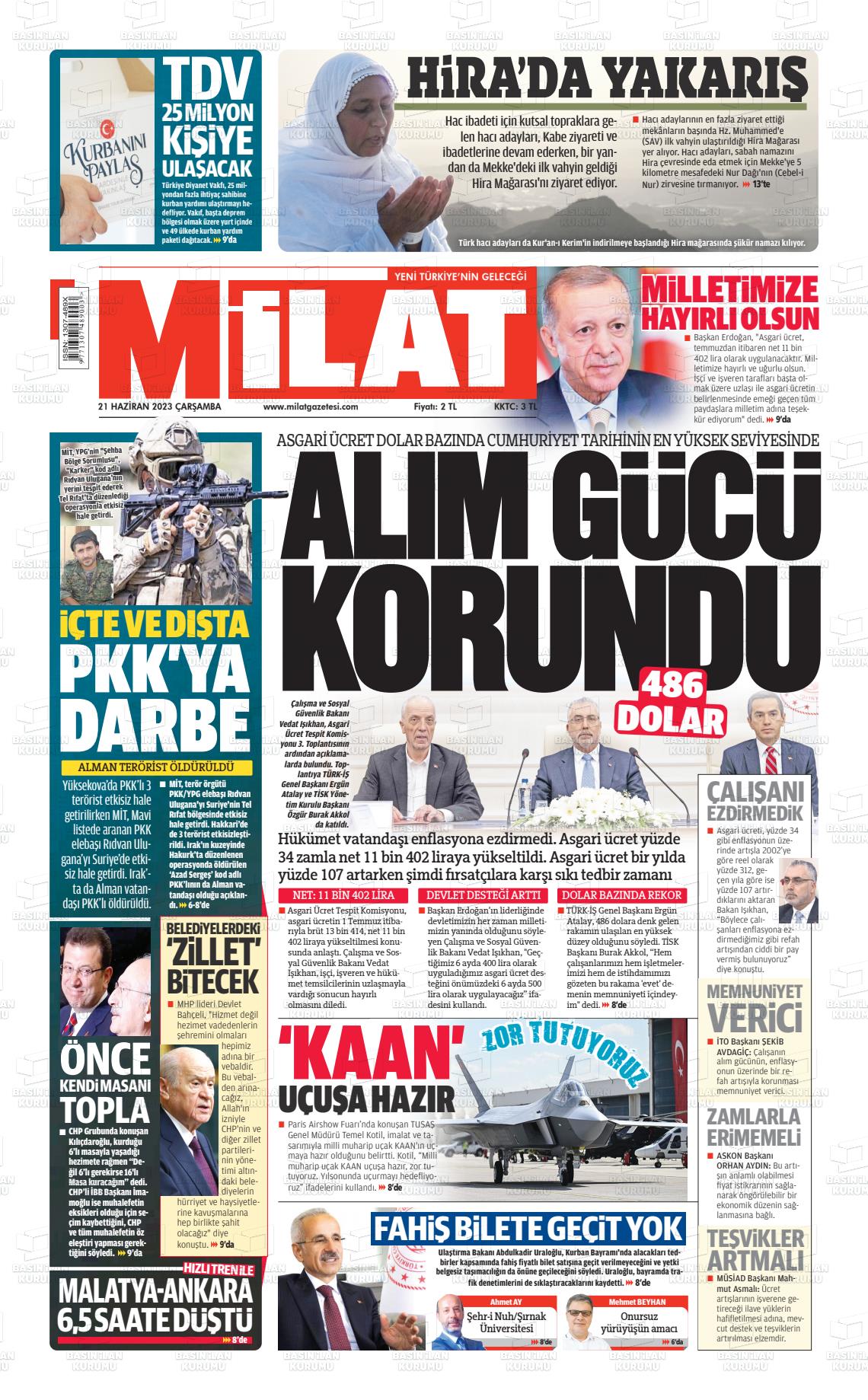 21 Haziran 2023 Milat Gazete Manşeti