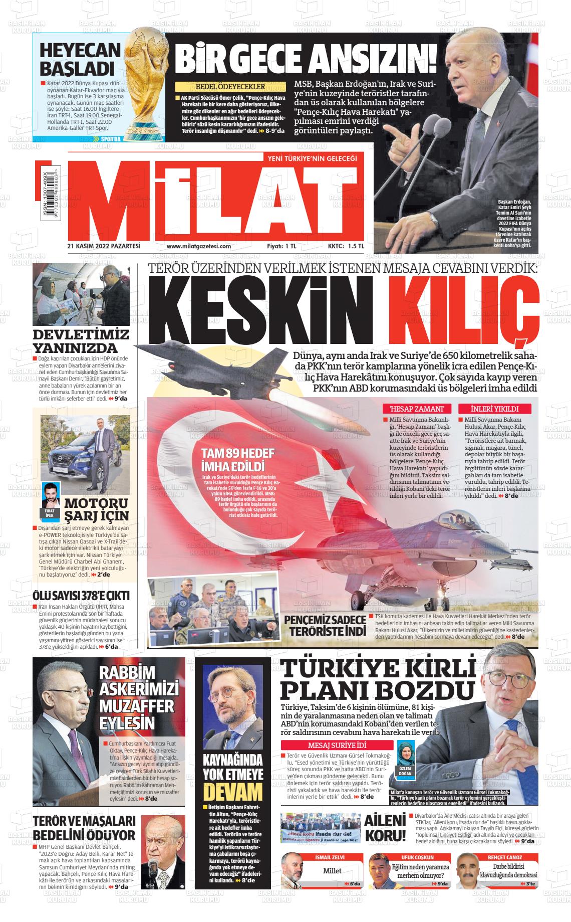 21 Kasım 2022 Milat Gazete Manşeti