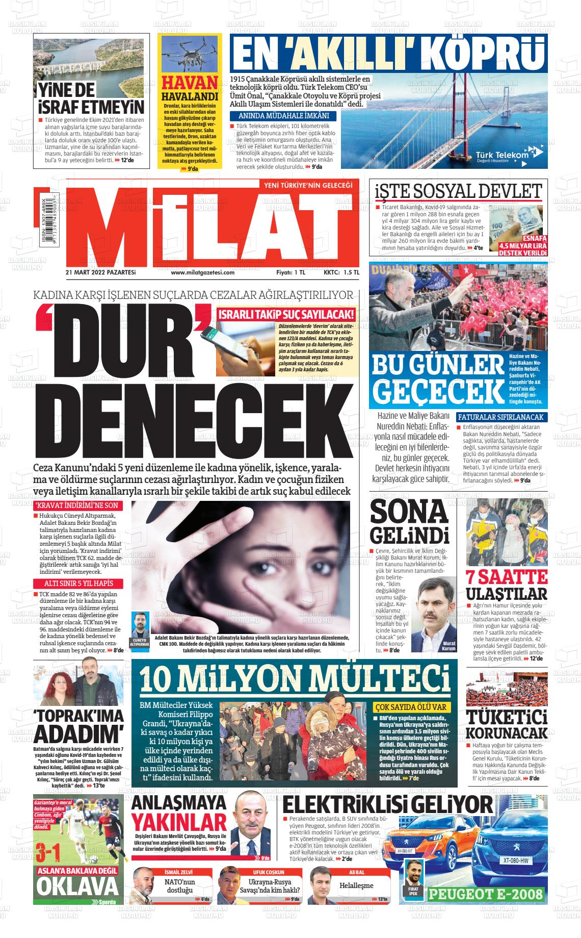 21 Mart 2022 Milat Gazete Manşeti