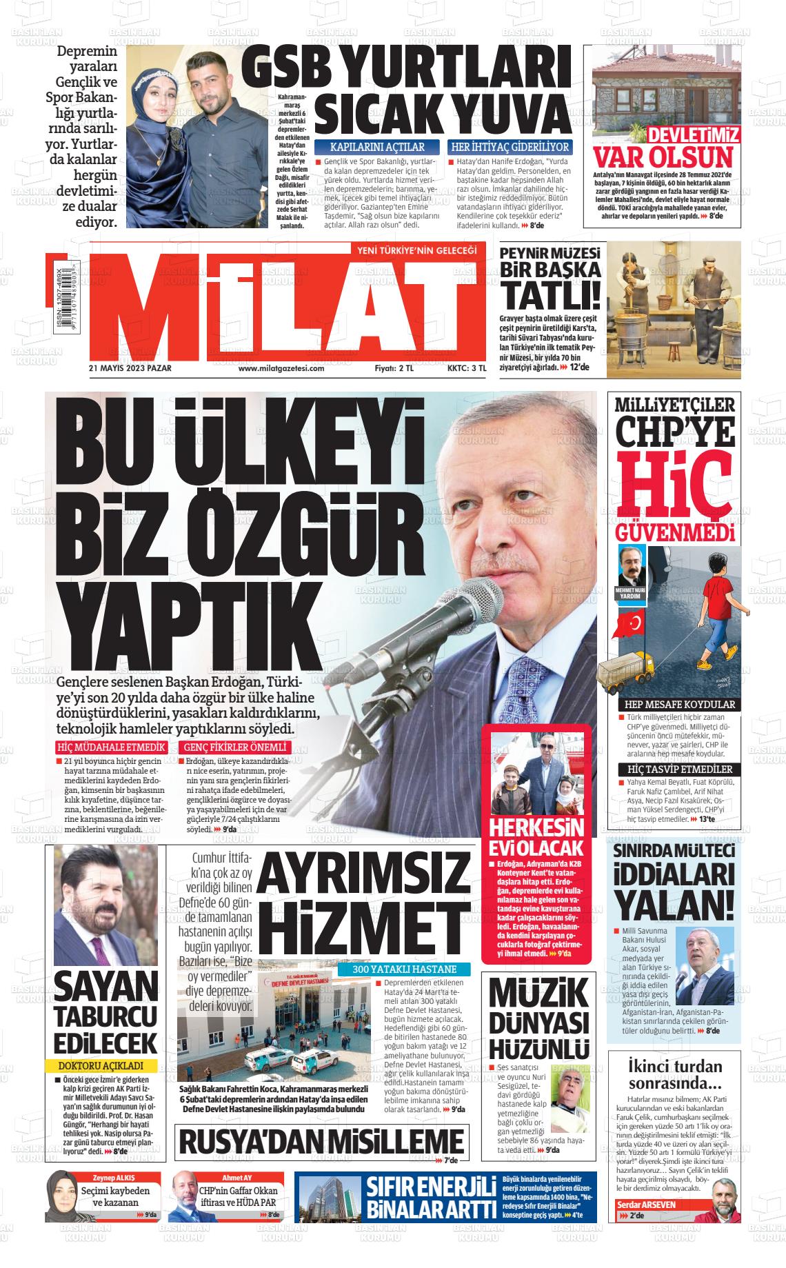 21 Mayıs 2023 Milat Gazete Manşeti