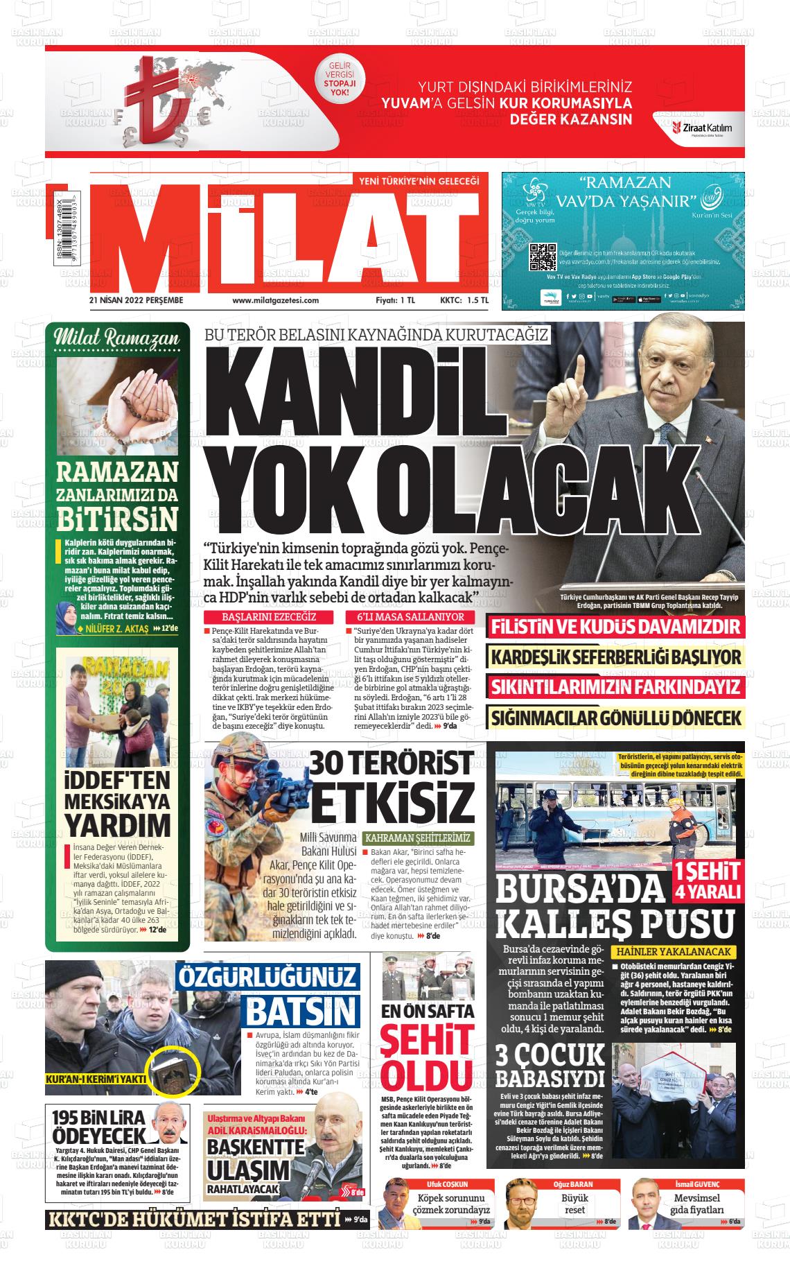 21 Nisan 2022 Milat Gazete Manşeti