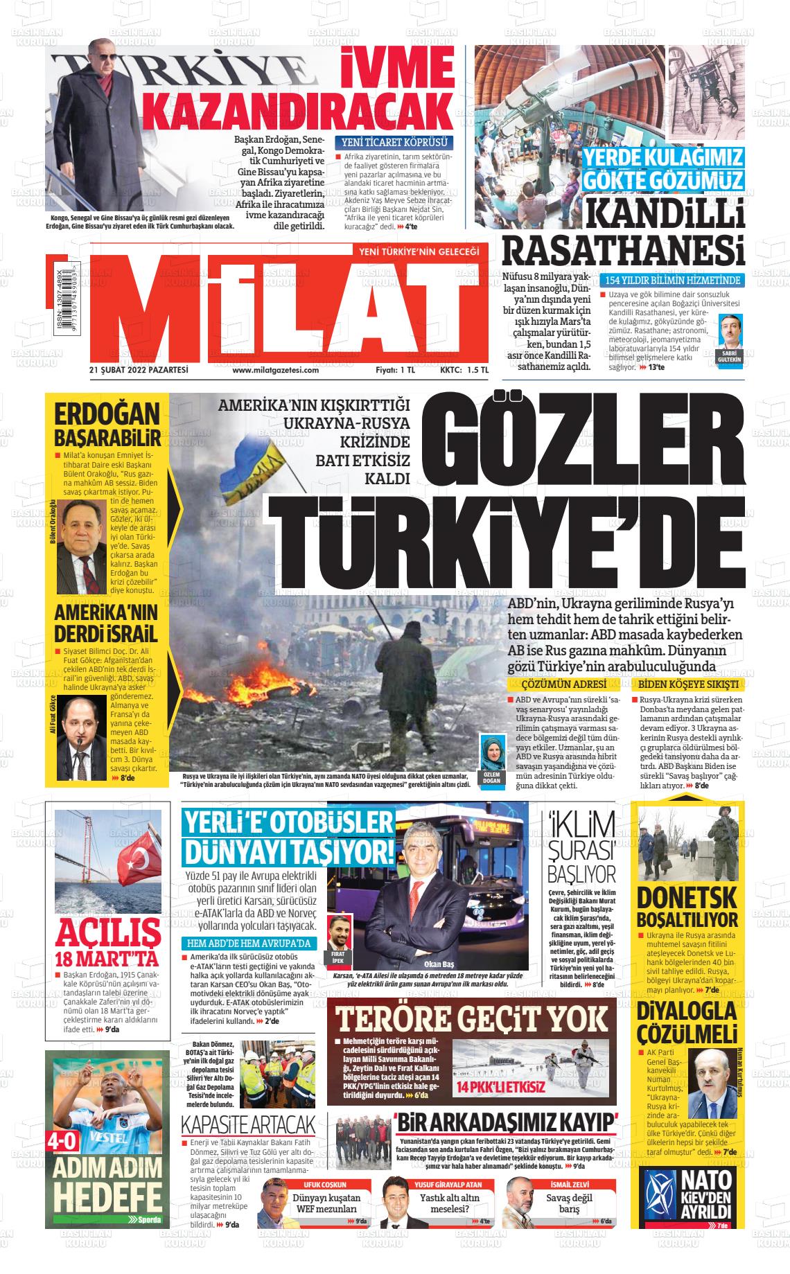 21 Şubat 2022 Milat Gazete Manşeti