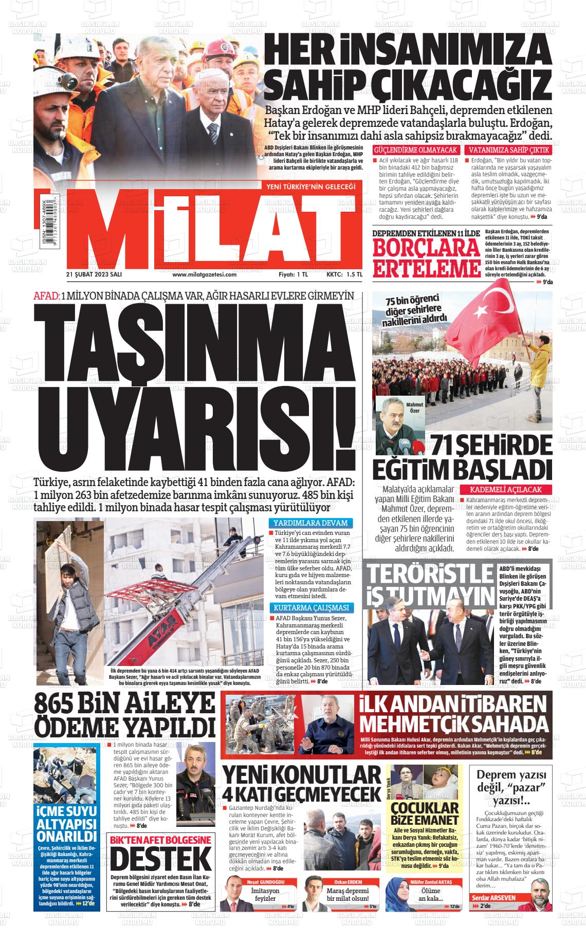 21 Şubat 2023 Milat Gazete Manşeti