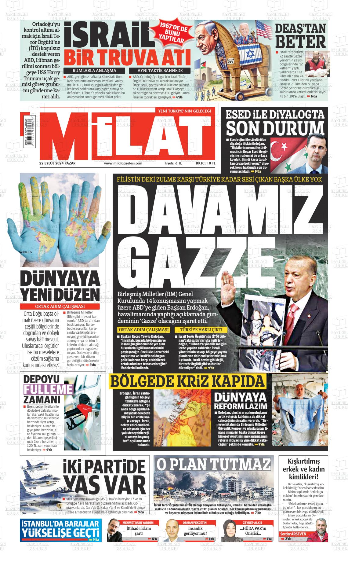 22 Eylül 2024 Milat Gazete Manşeti