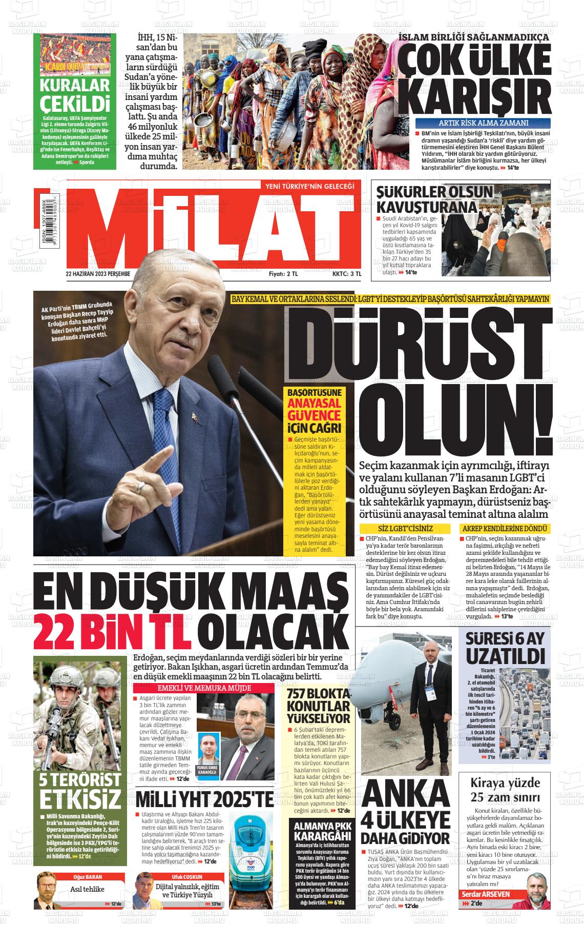 22 Haziran 2023 Milat Gazete Manşeti