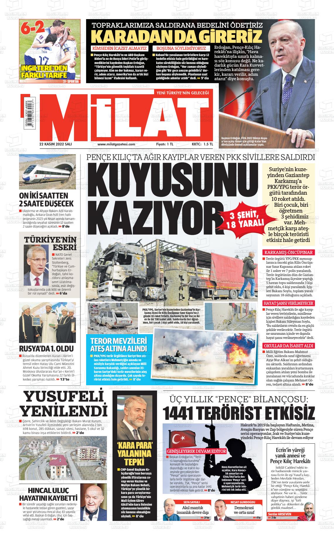 22 Kasım 2022 Milat Gazete Manşeti