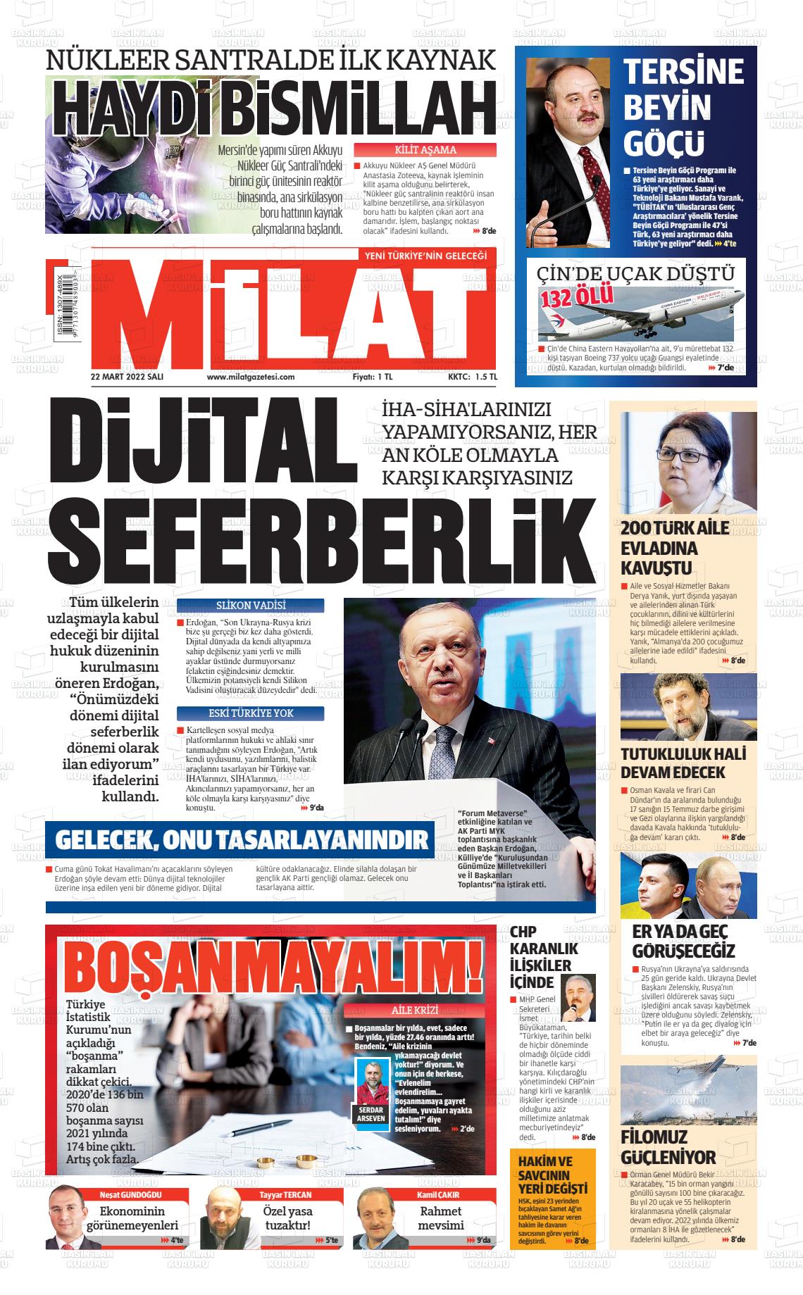 22 Mart 2022 Milat Gazete Manşeti