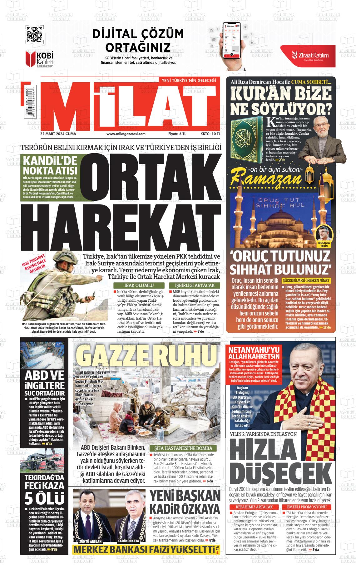 22 Mart 2024 Milat Gazete Manşeti