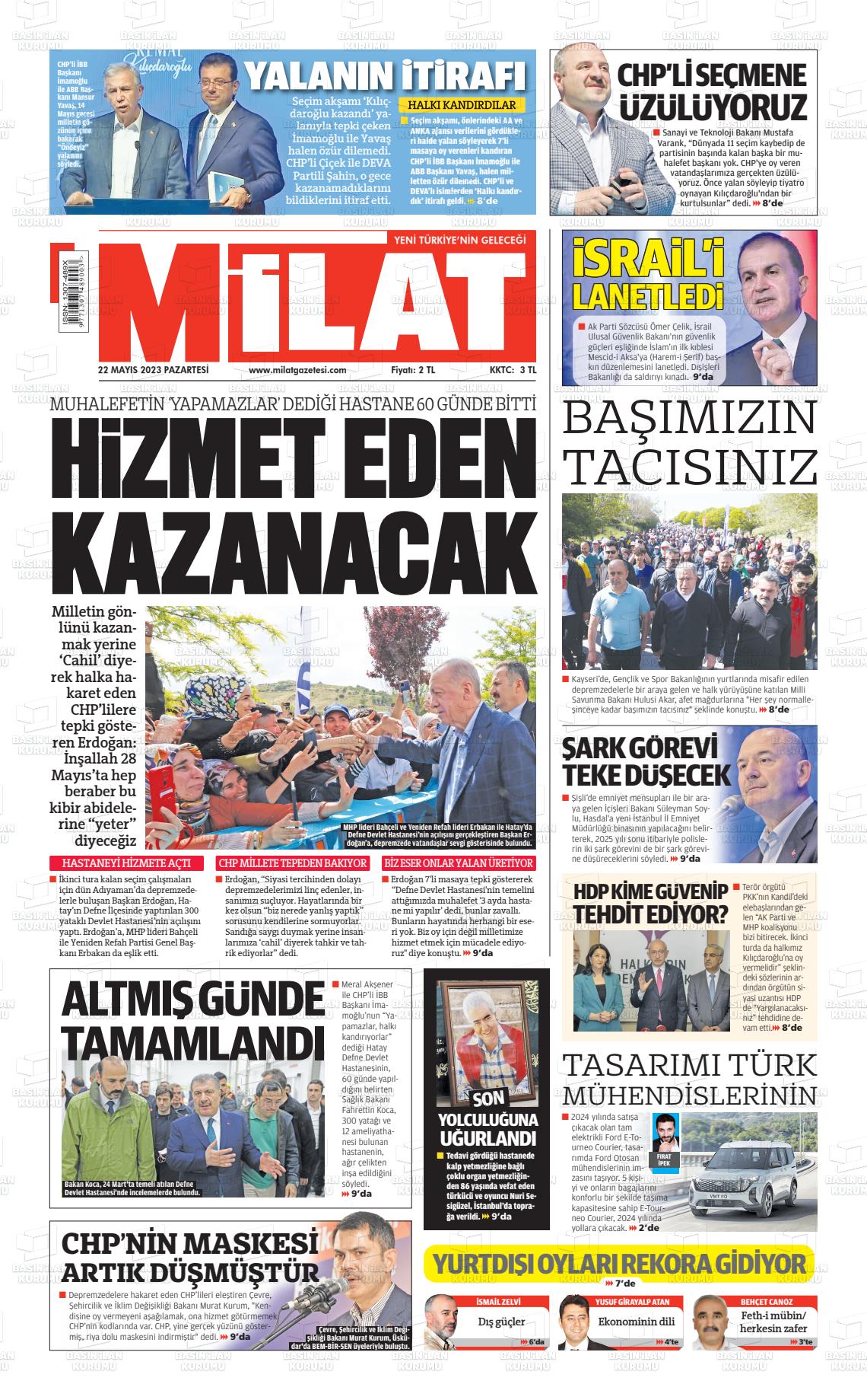 22 Mayıs 2023 Milat Gazete Manşeti