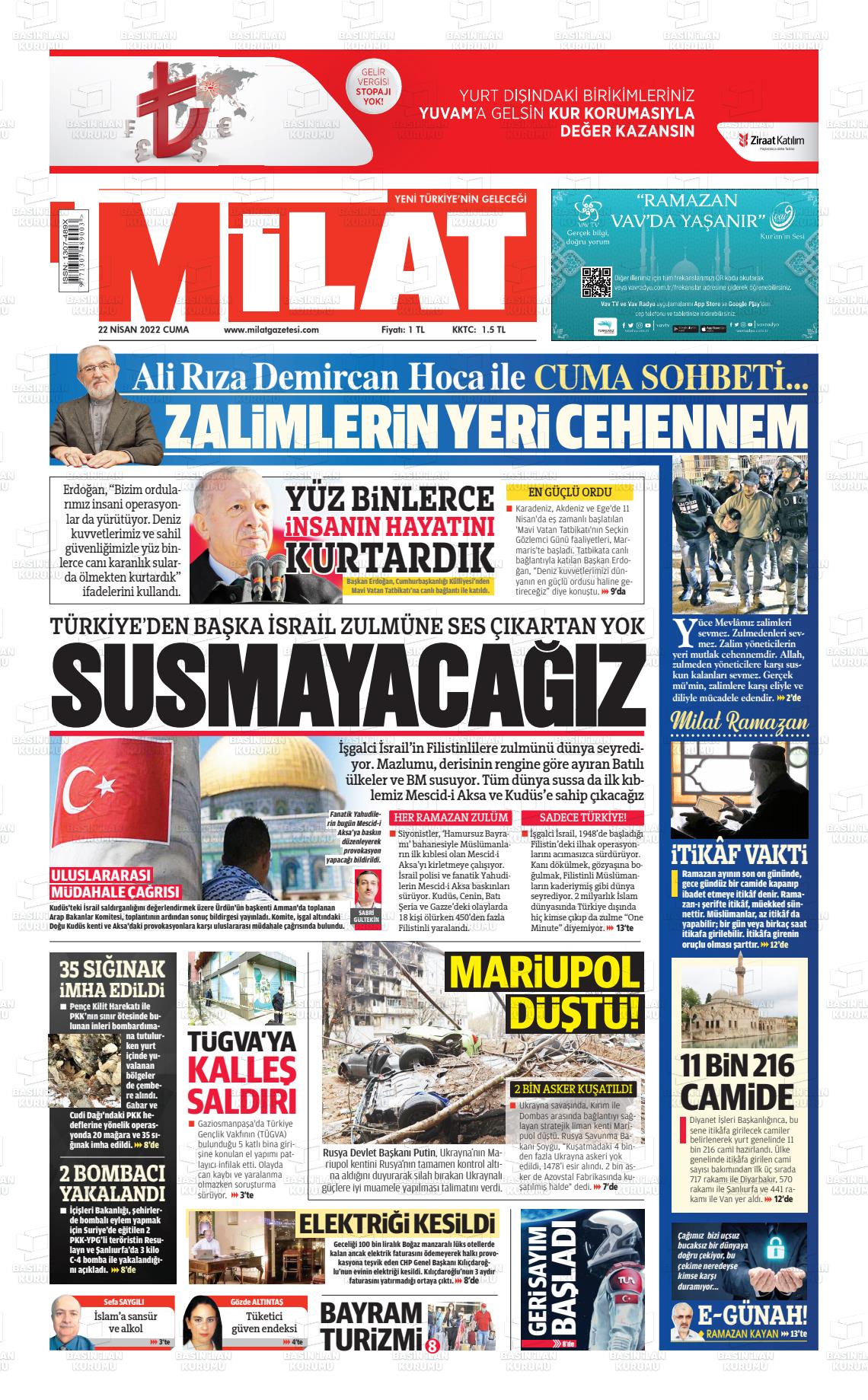 22 Nisan 2022 Milat Gazete Manşeti