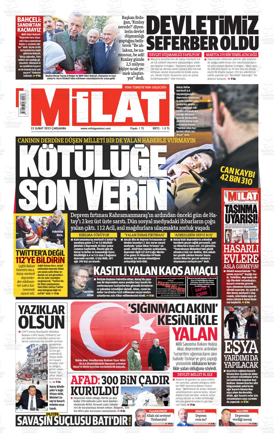 22 Şubat 2023 Milat Gazete Manşeti