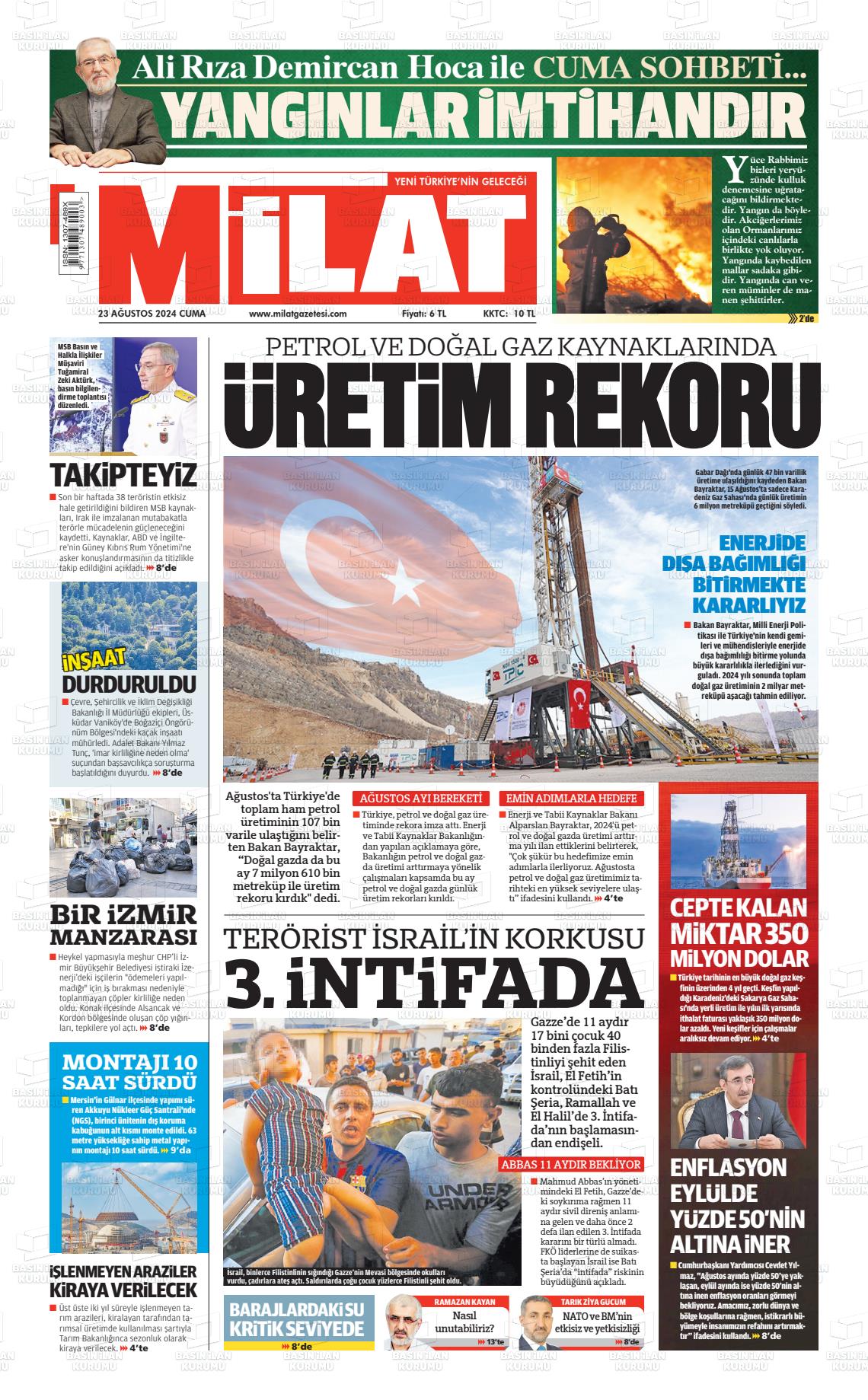 23 Ağustos 2024 Milat Gazete Manşeti