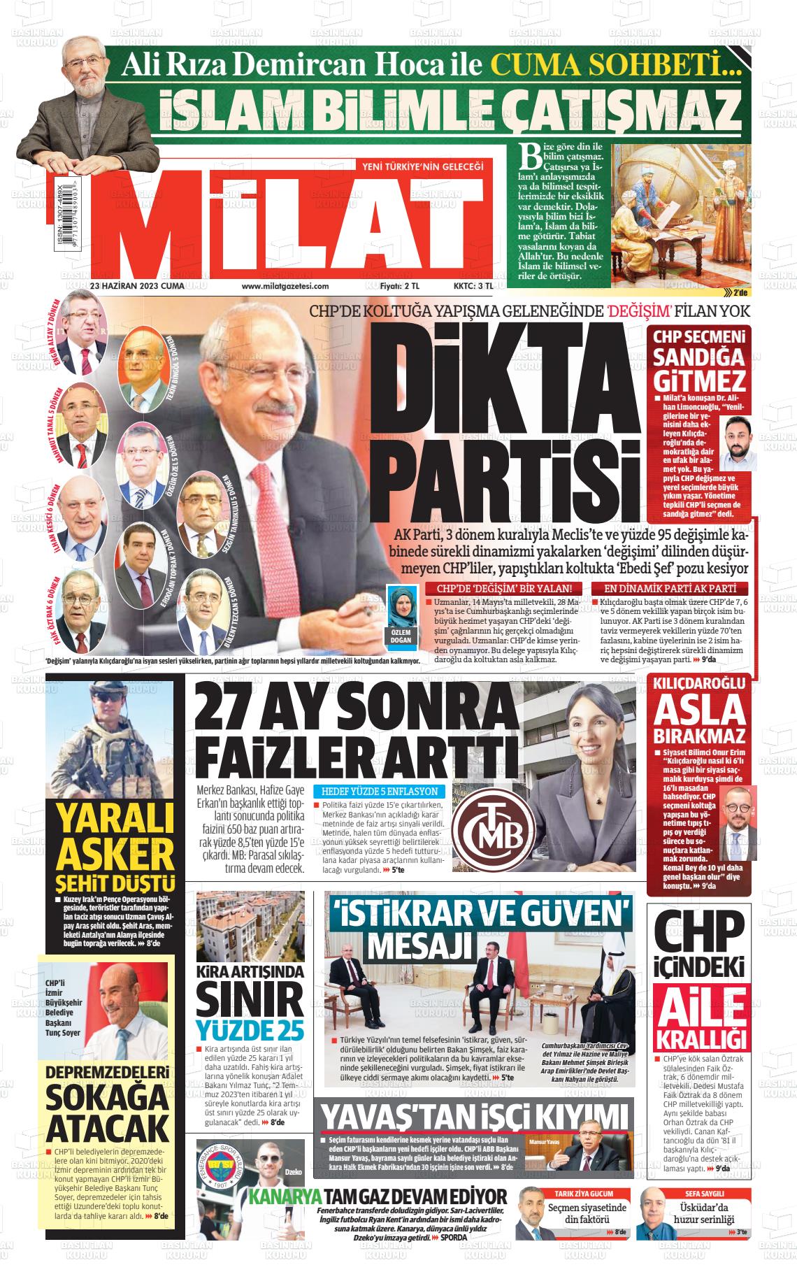 23 Haziran 2023 Milat Gazete Manşeti