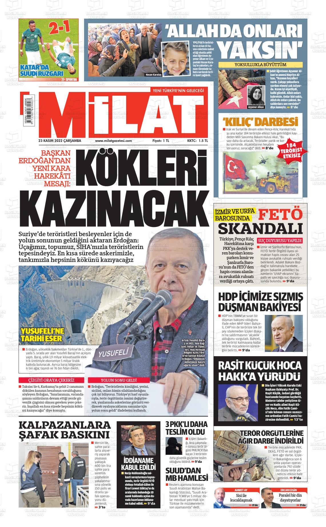 23 Kasım 2022 Milat Gazete Manşeti