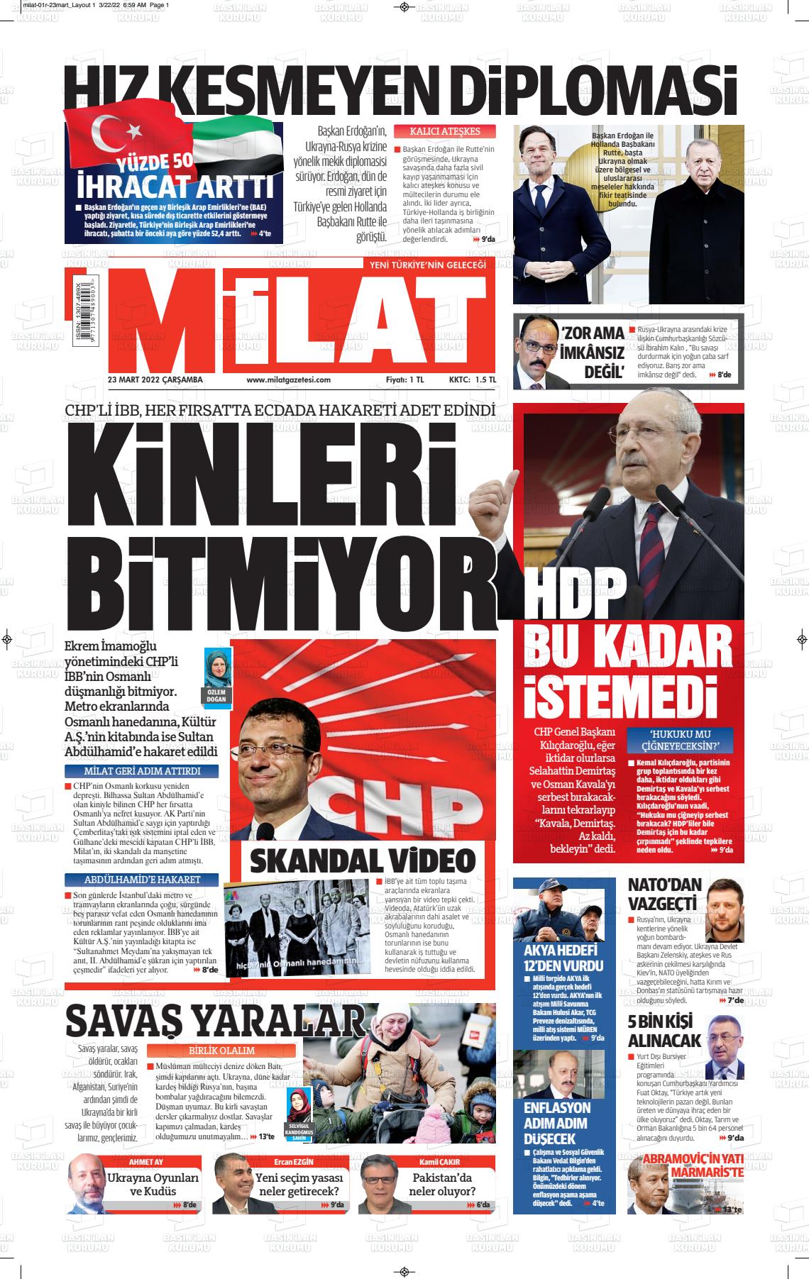 23 Mart 2022 Milat Gazete Manşeti