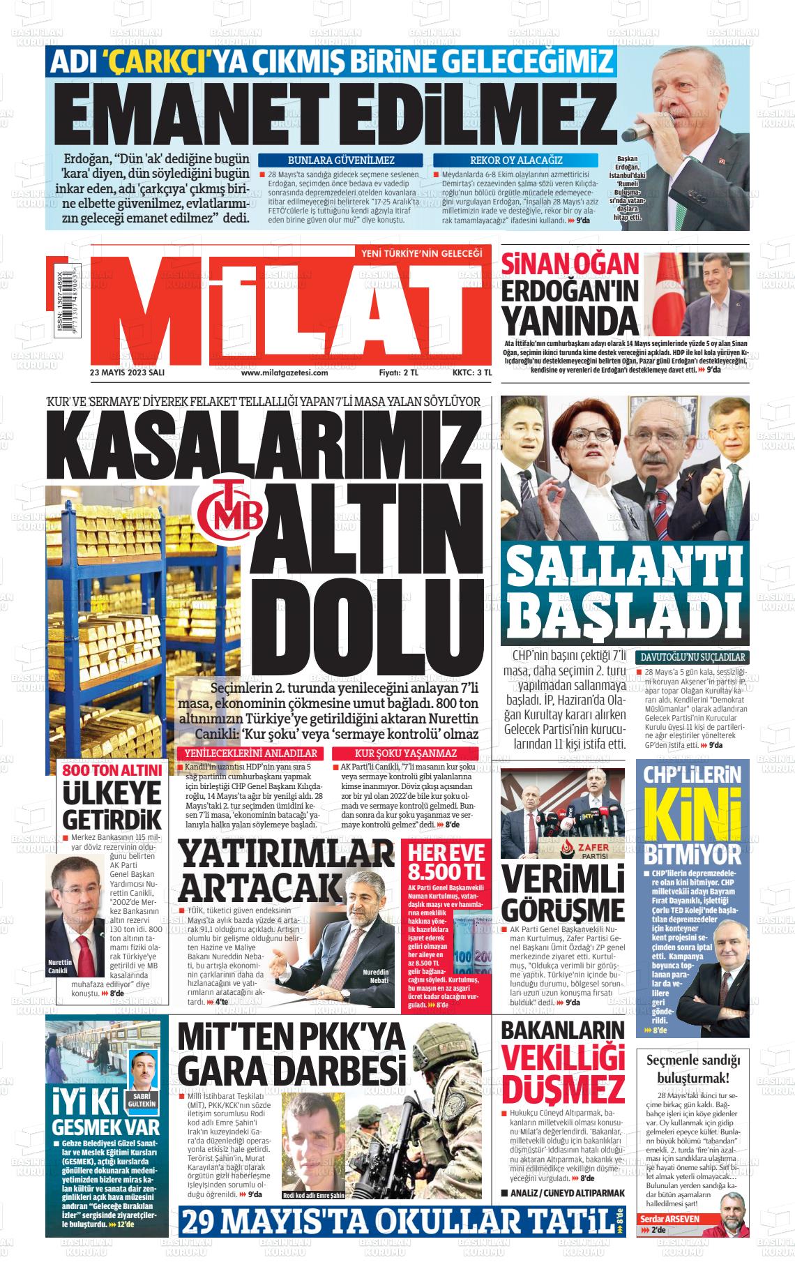 23 Mayıs 2023 Milat Gazete Manşeti