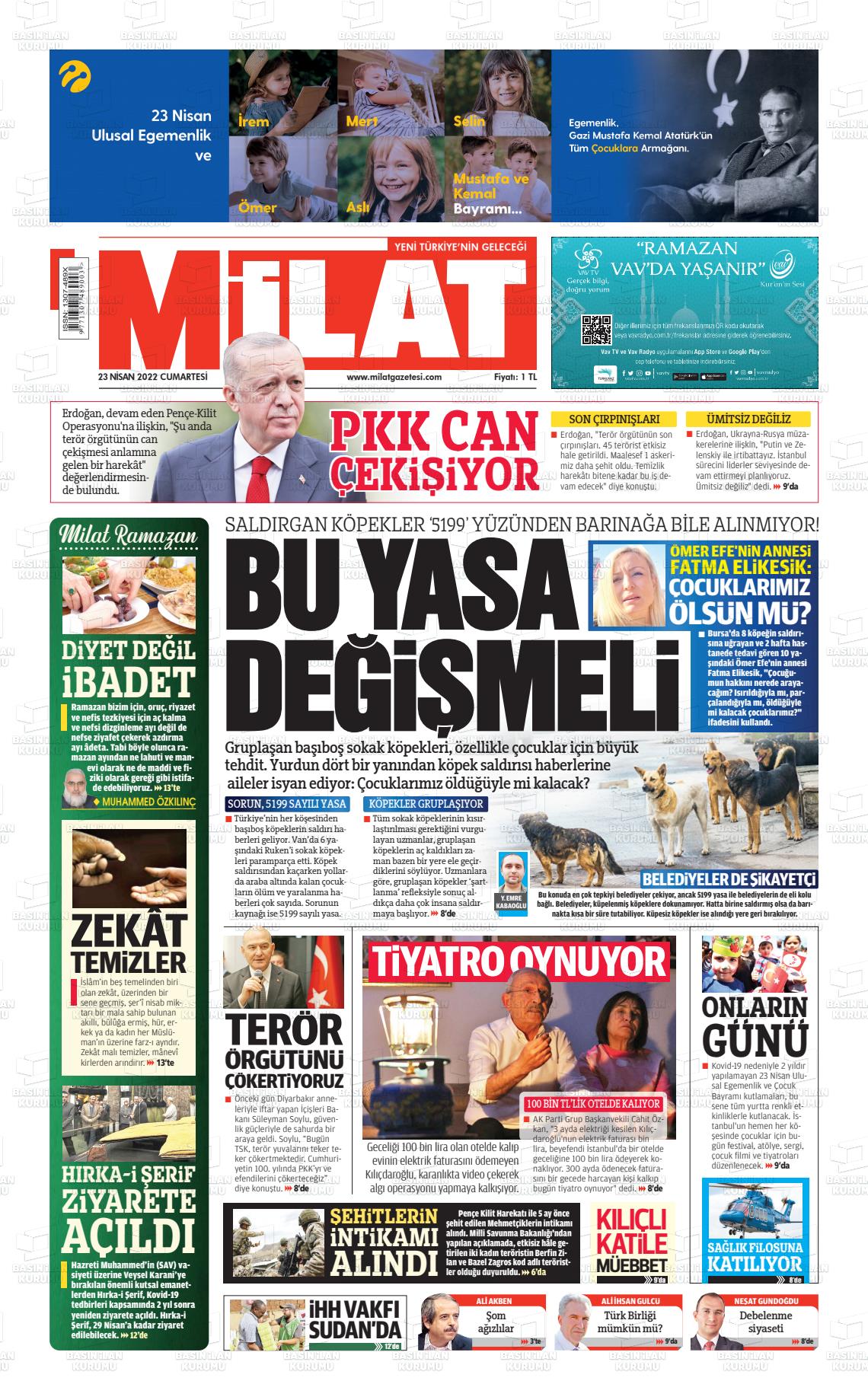 23 Nisan 2022 Milat Gazete Manşeti