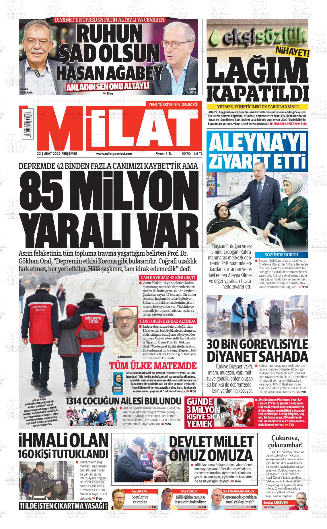 23 Şubat 2023 Milat Gazete Manşeti