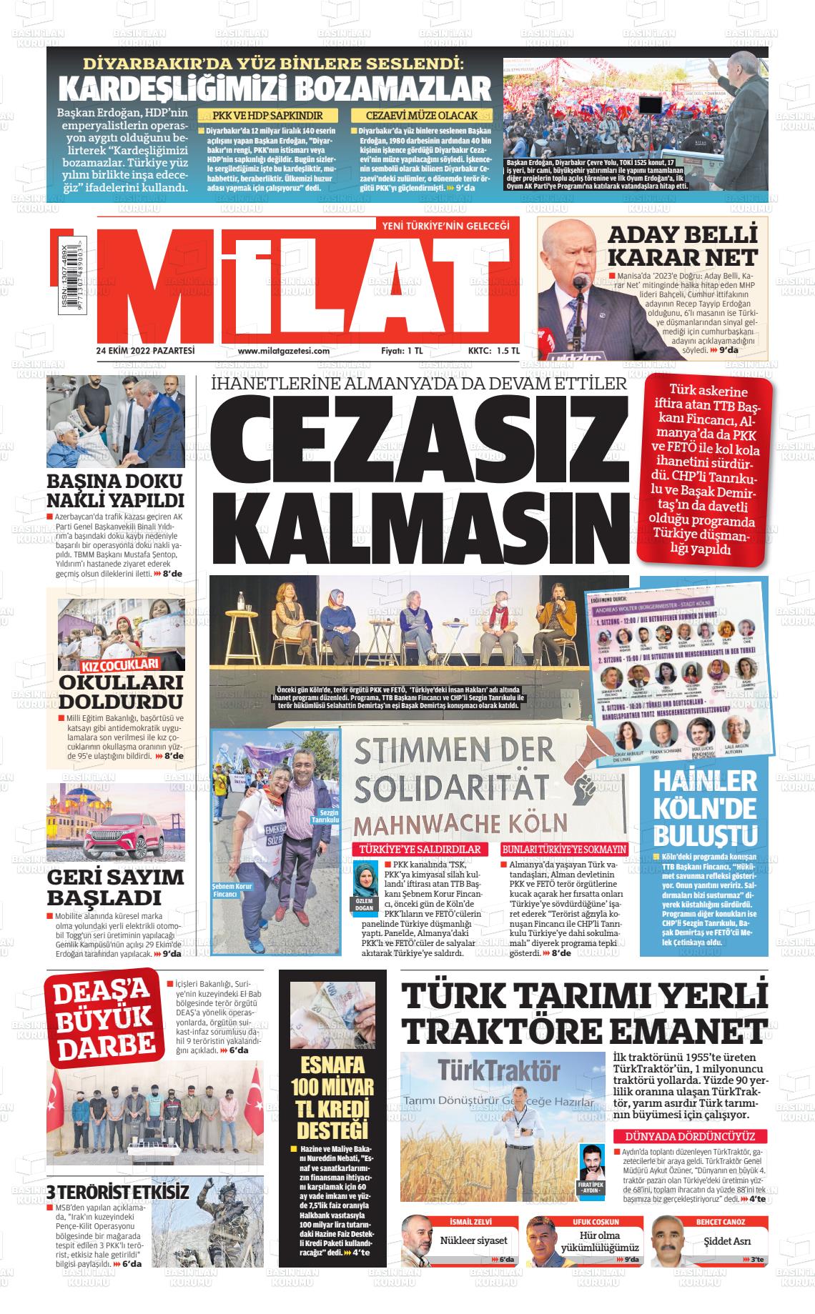 24 Ekim 2022 Milat Gazete Manşeti