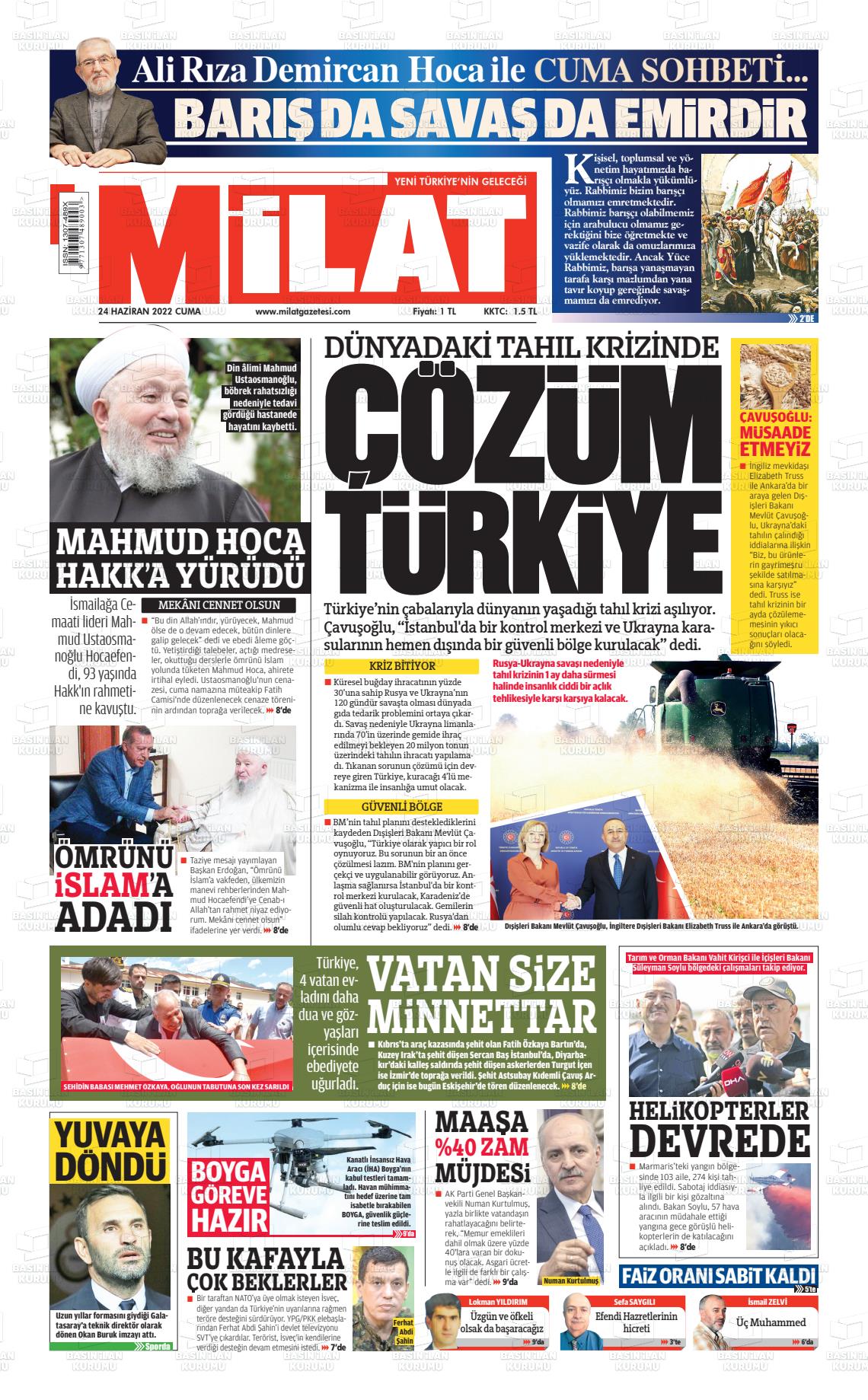 24 Haziran 2022 Milat Gazete Manşeti