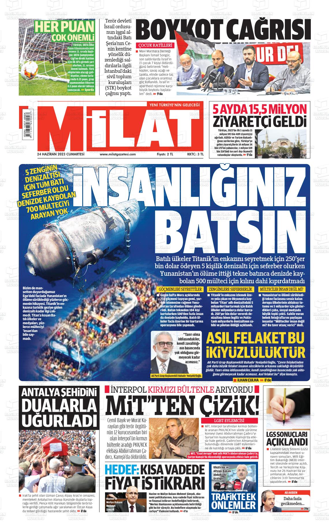 24 Haziran 2023 Milat Gazete Manşeti