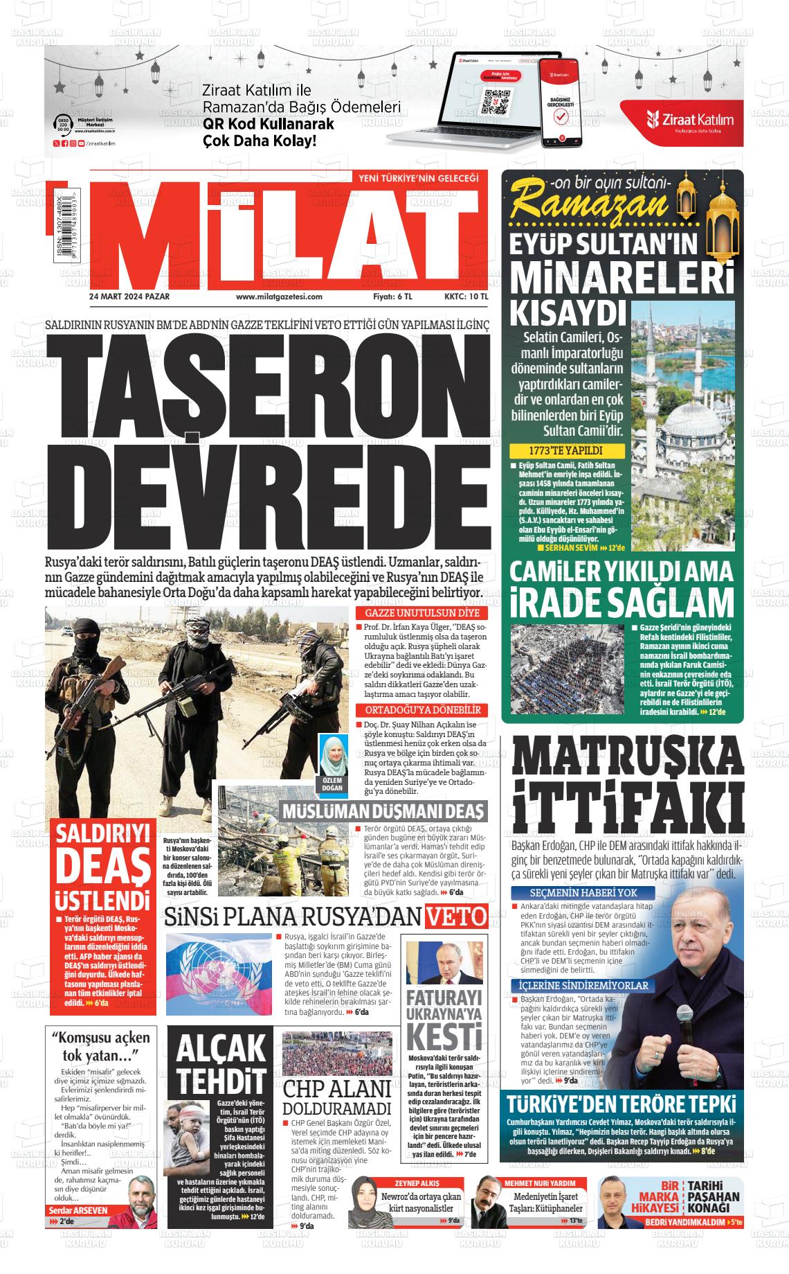 24 Mart 2024 Milat Gazete Manşeti