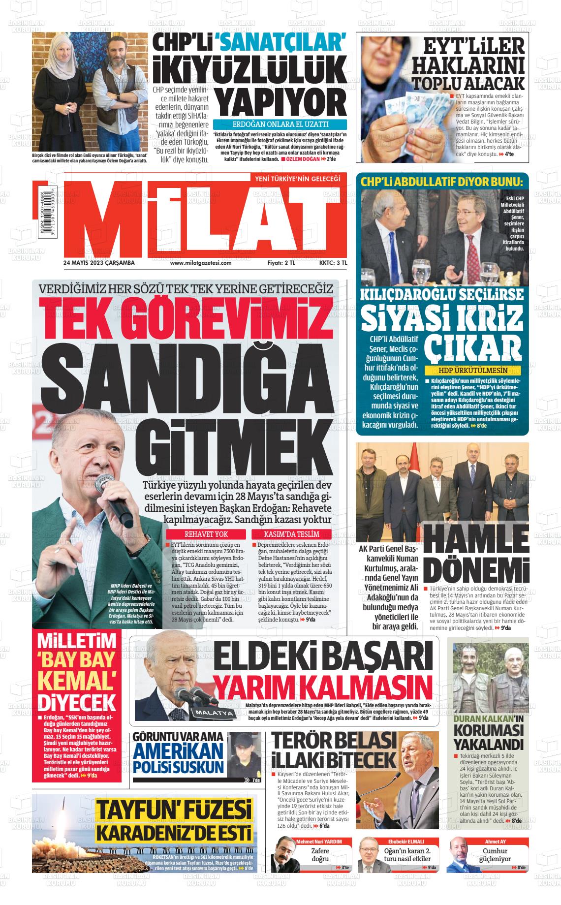 24 Mayıs 2023 Milat Gazete Manşeti