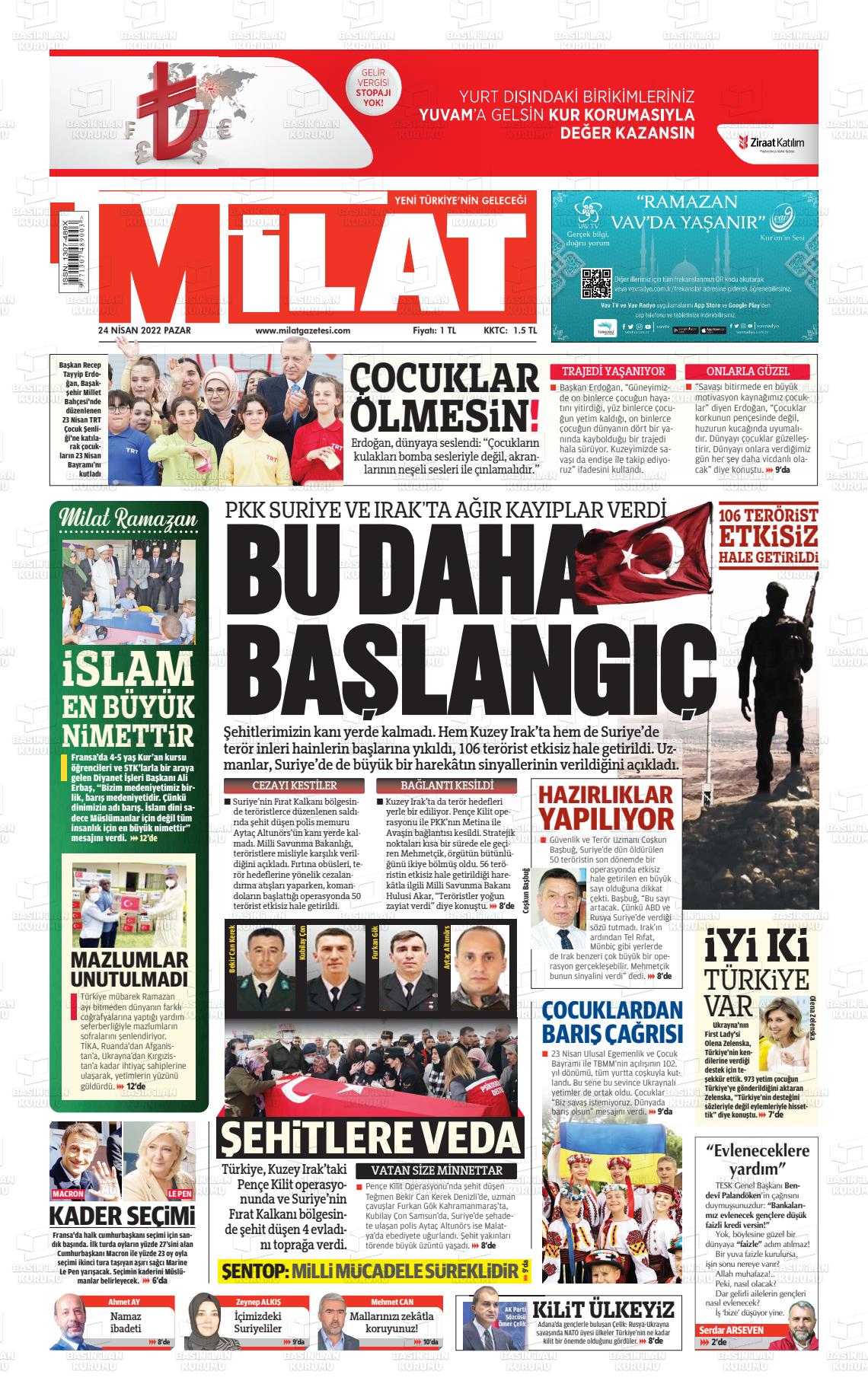 24 Nisan 2022 Milat Gazete Manşeti