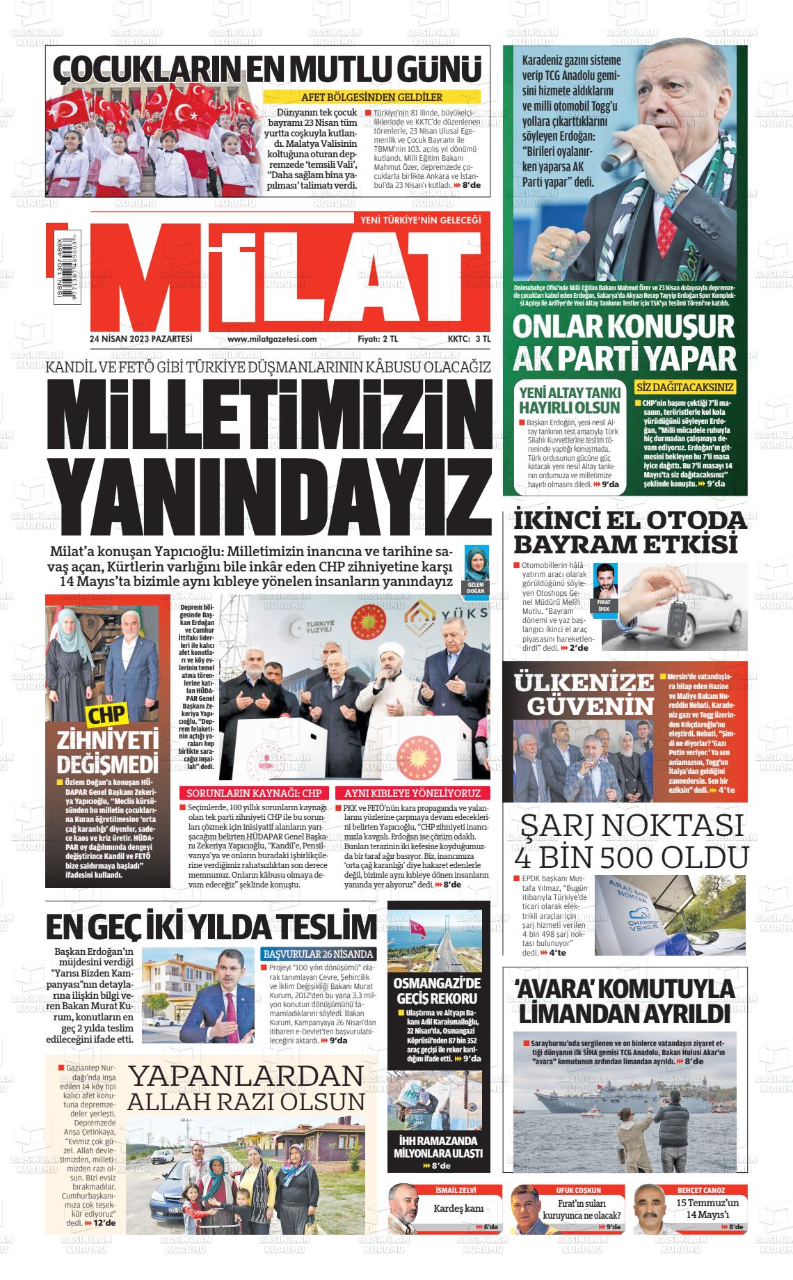 24 Nisan 2023 Milat Gazete Manşeti