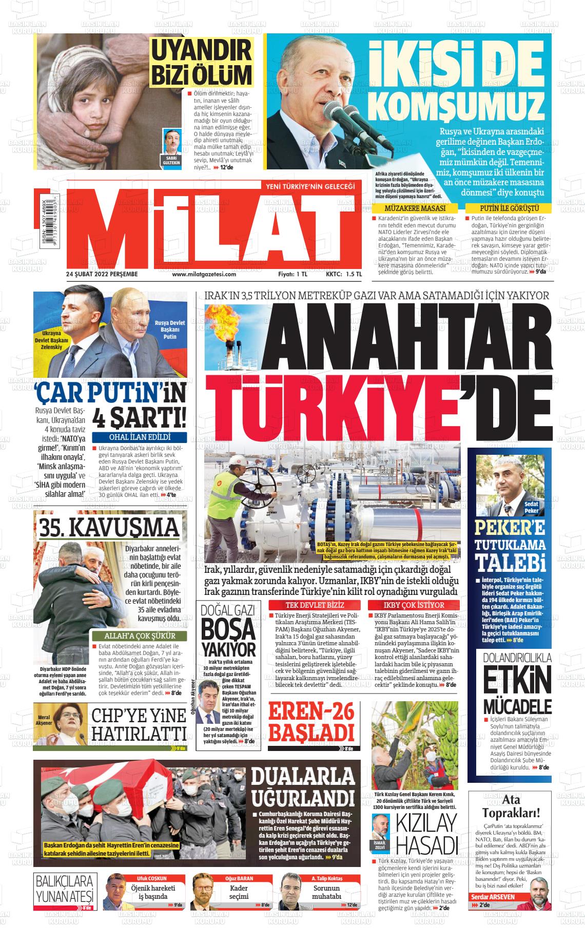 24 Şubat 2022 Milat Gazete Manşeti