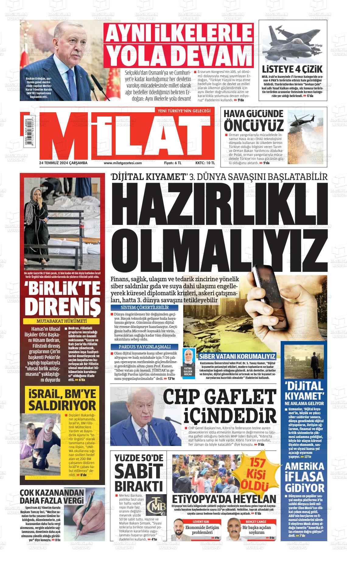 24 Temmuz 2024 Milat Gazete Manşeti