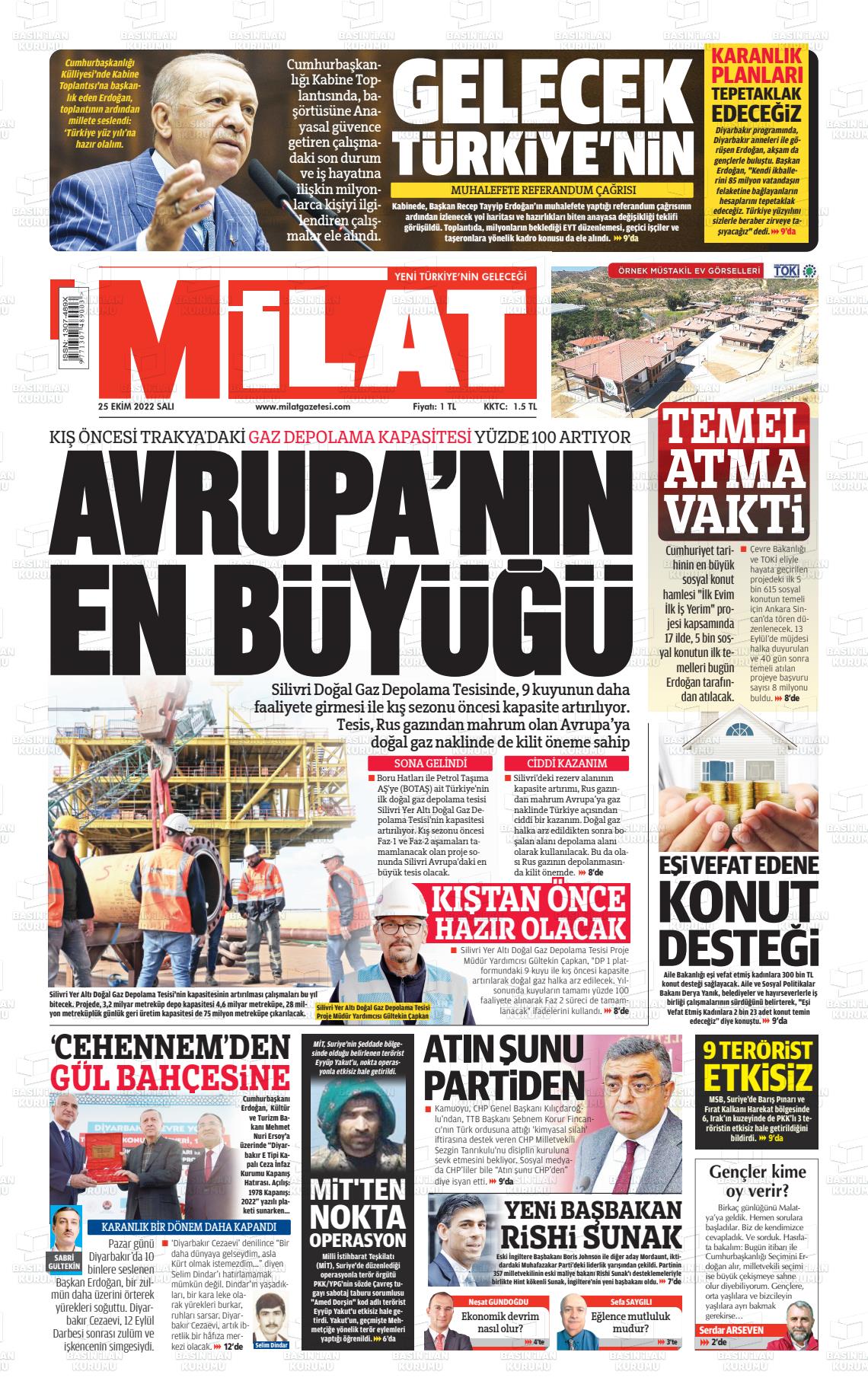 25 Ekim 2022 Milat Gazete Manşeti