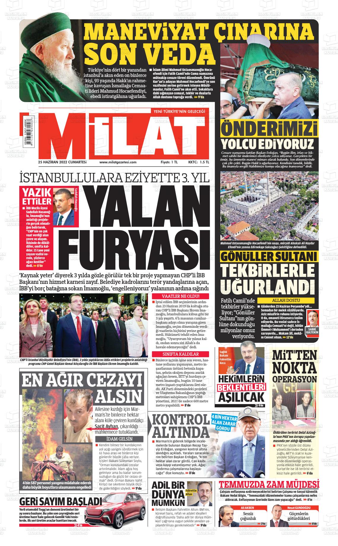 25 Haziran 2022 Milat Gazete Manşeti