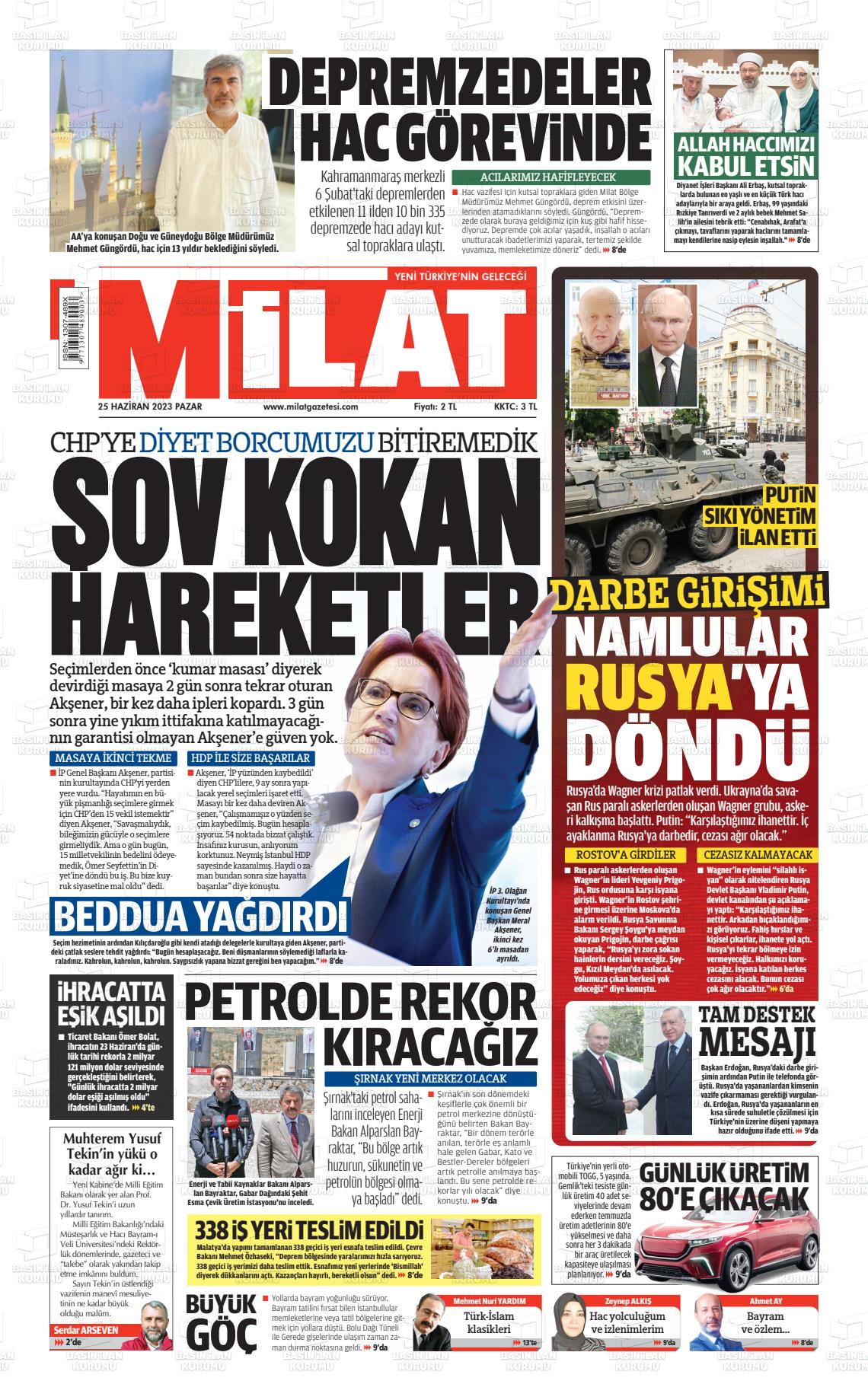 25 Haziran 2023 Milat Gazete Manşeti