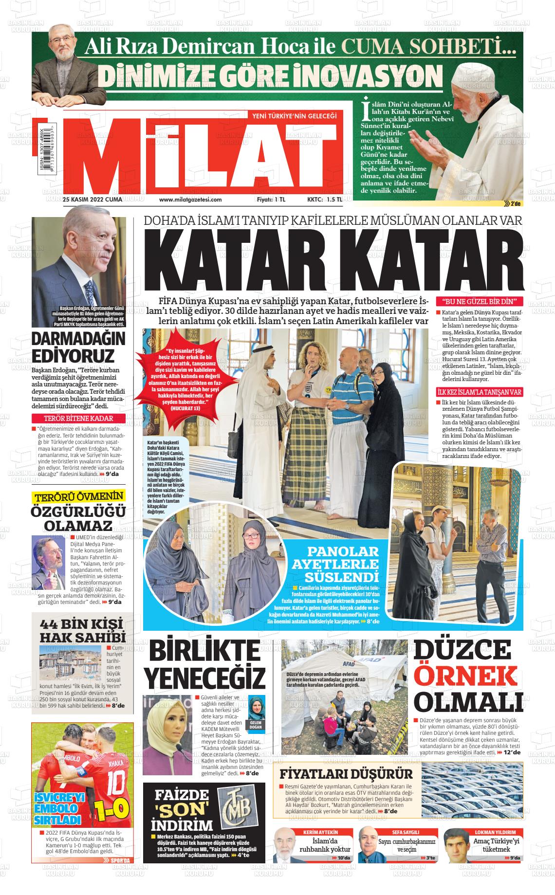 25 Kasım 2022 Milat Gazete Manşeti