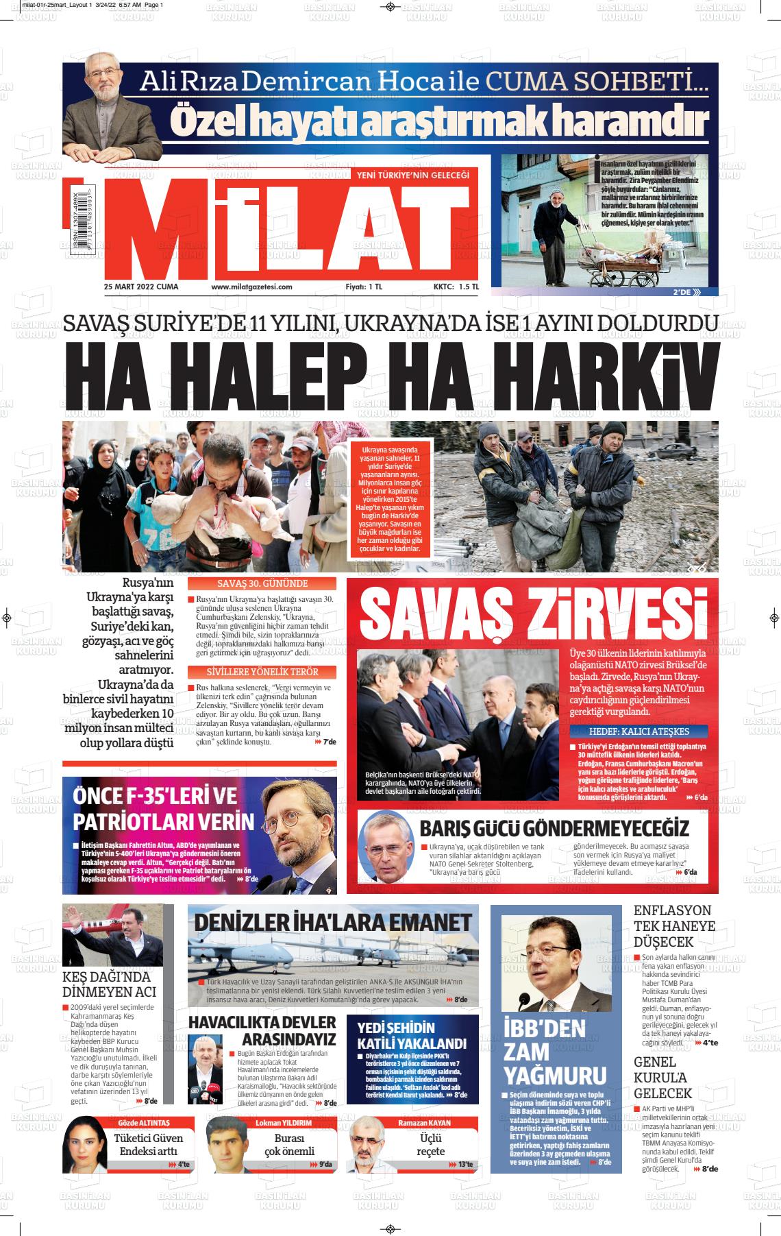 25 Mart 2022 Milat Gazete Manşeti