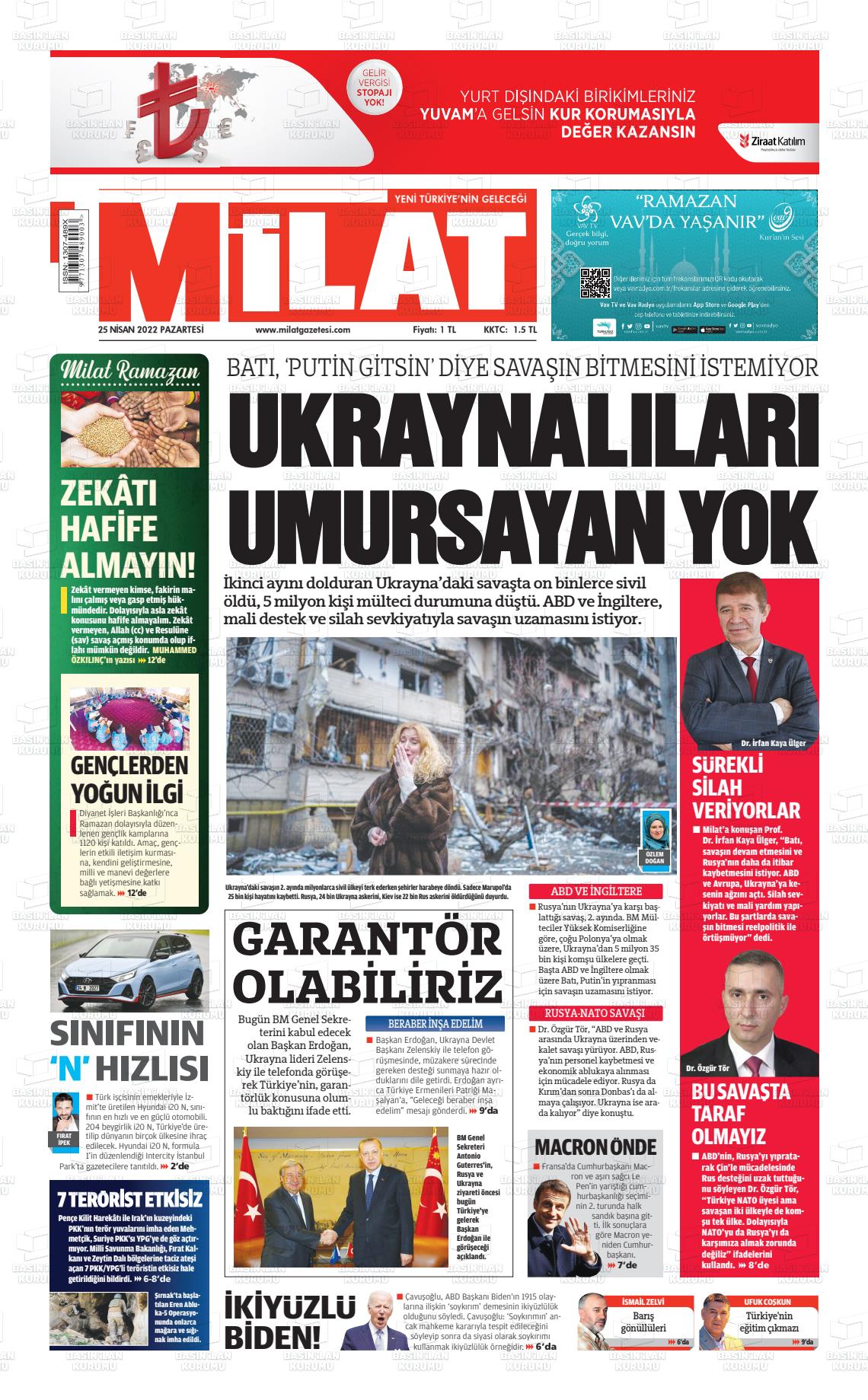 25 Nisan 2022 Milat Gazete Manşeti