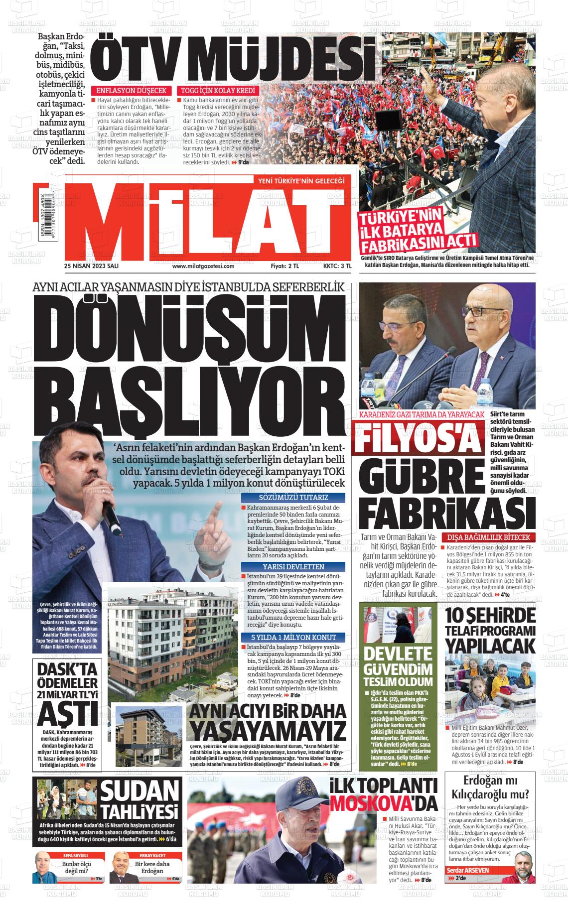 25 Nisan 2023 Milat Gazete Manşeti