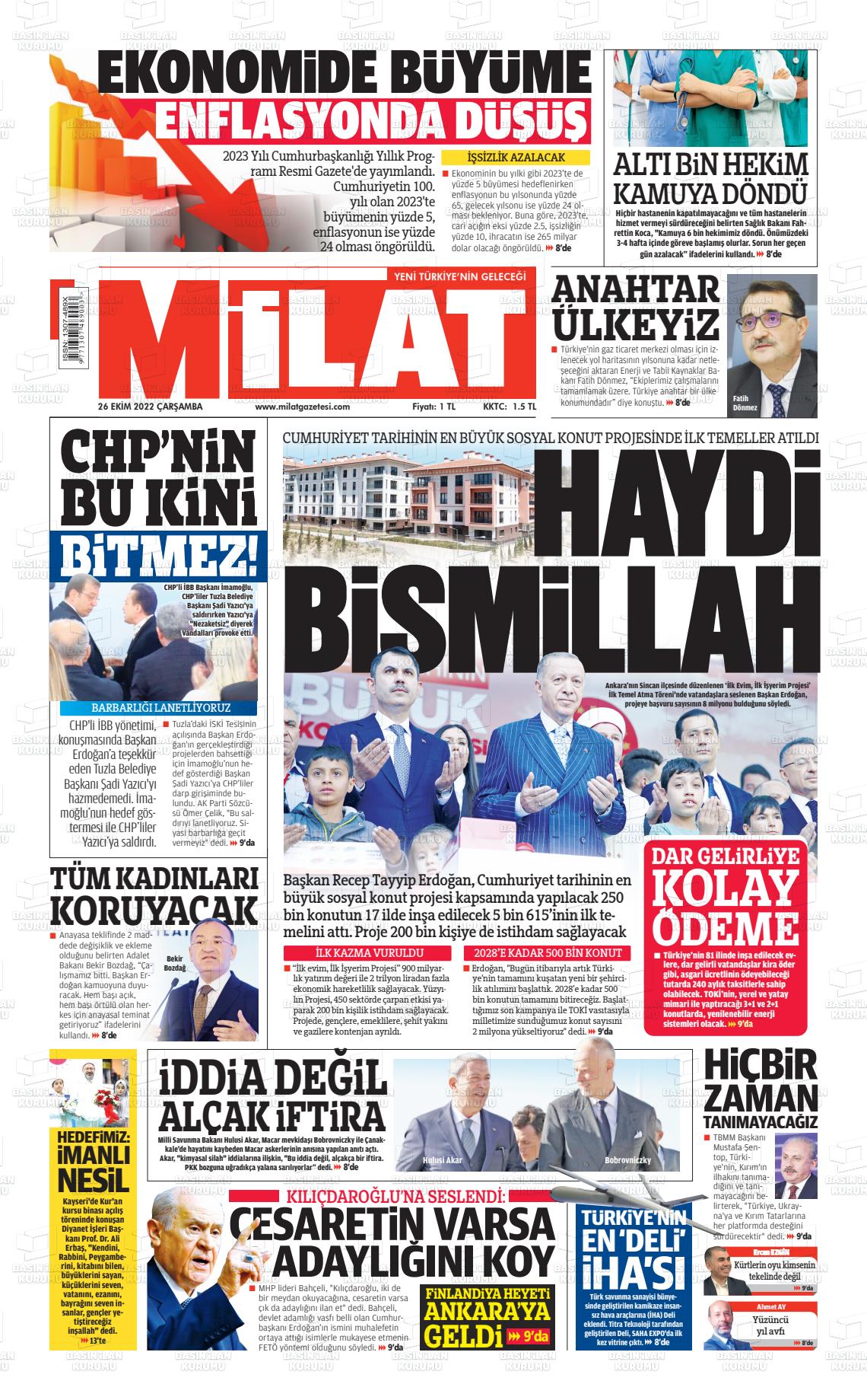 26 Ekim 2022 Milat Gazete Manşeti