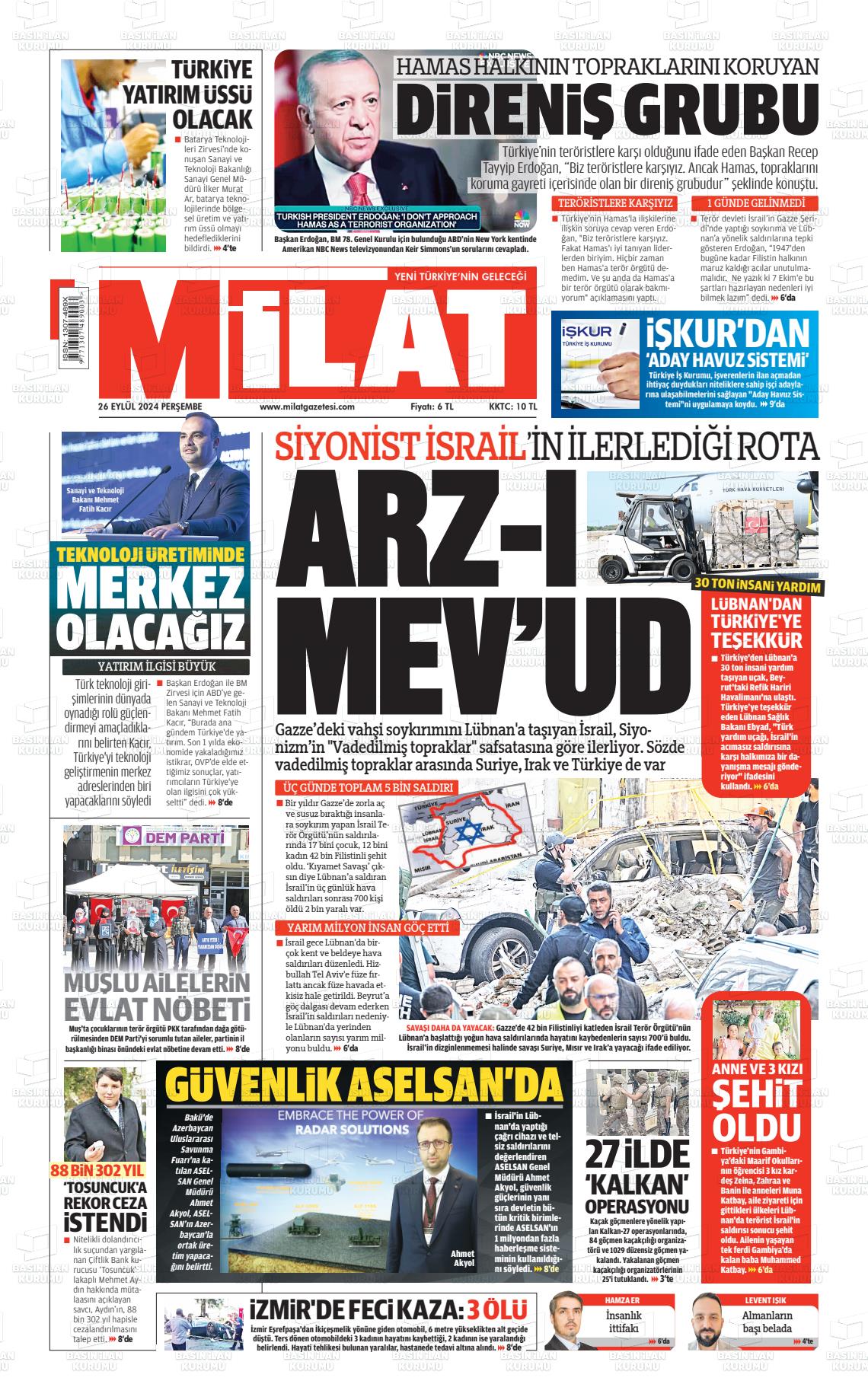 26 Eylül 2024 Milat Gazete Manşeti