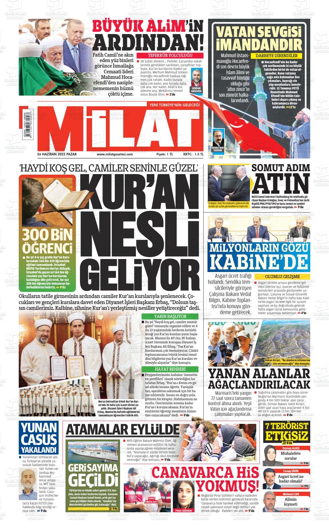 26 Haziran 2022 Milat Gazete Manşeti