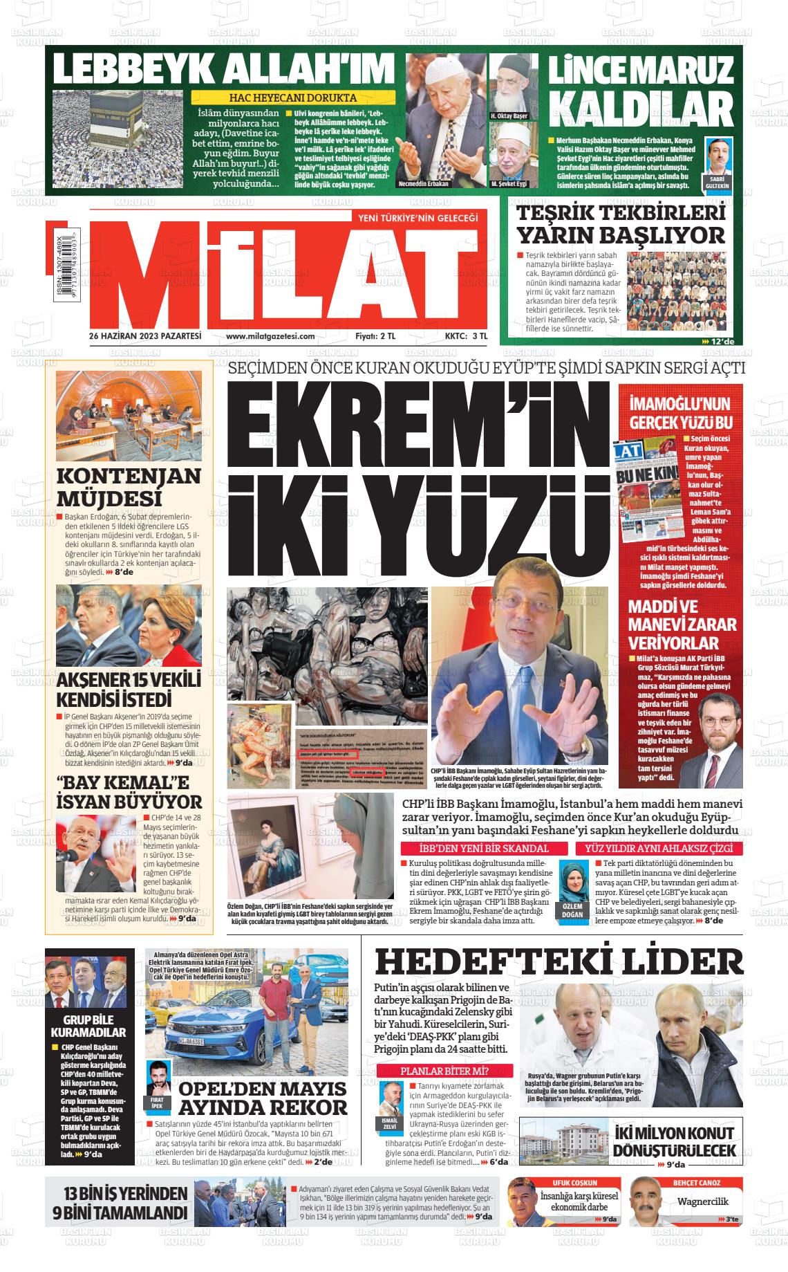 26 Haziran 2023 Milat Gazete Manşeti