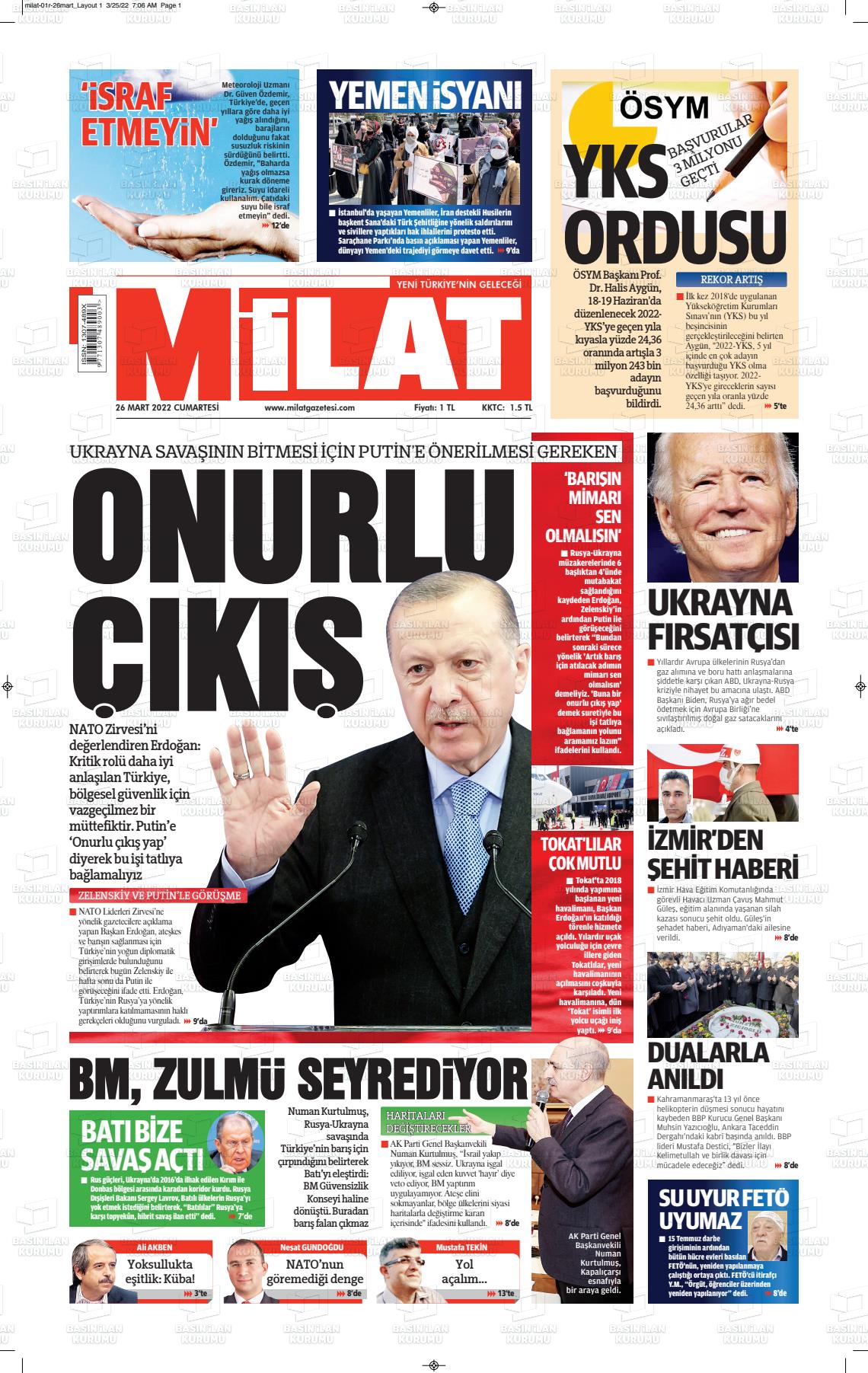 26 Mart 2022 Milat Gazete Manşeti