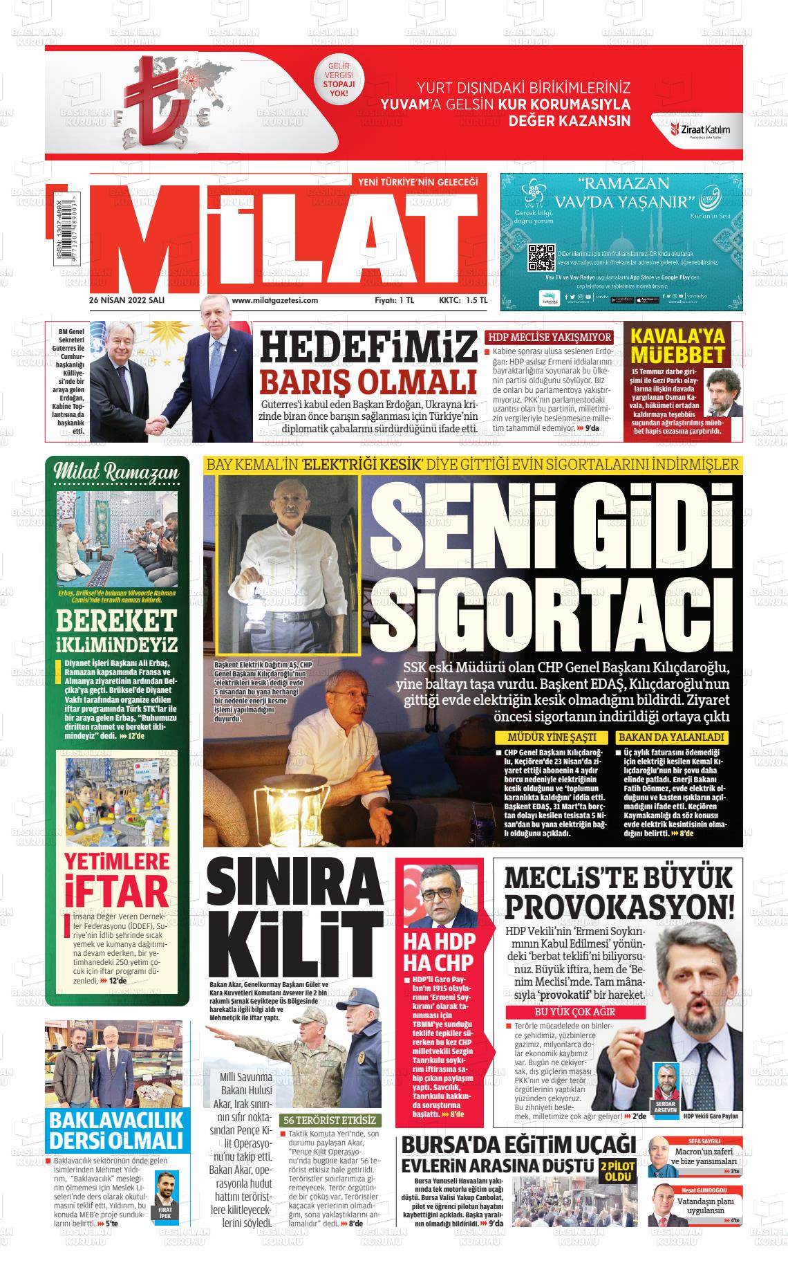 26 Nisan 2022 Milat Gazete Manşeti